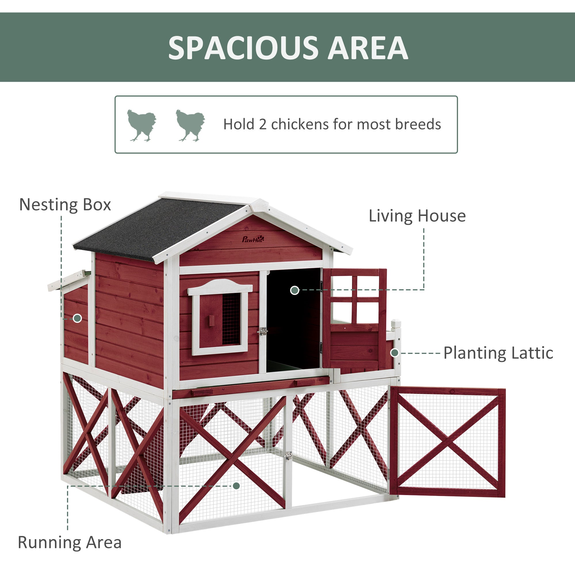 PawHut 44" Chicken Coop, Wooden Hen Run House, Rabbit Hutch with Nesting Box, Removable Tray, Asphalt Roof, Planting Lattice, Red
