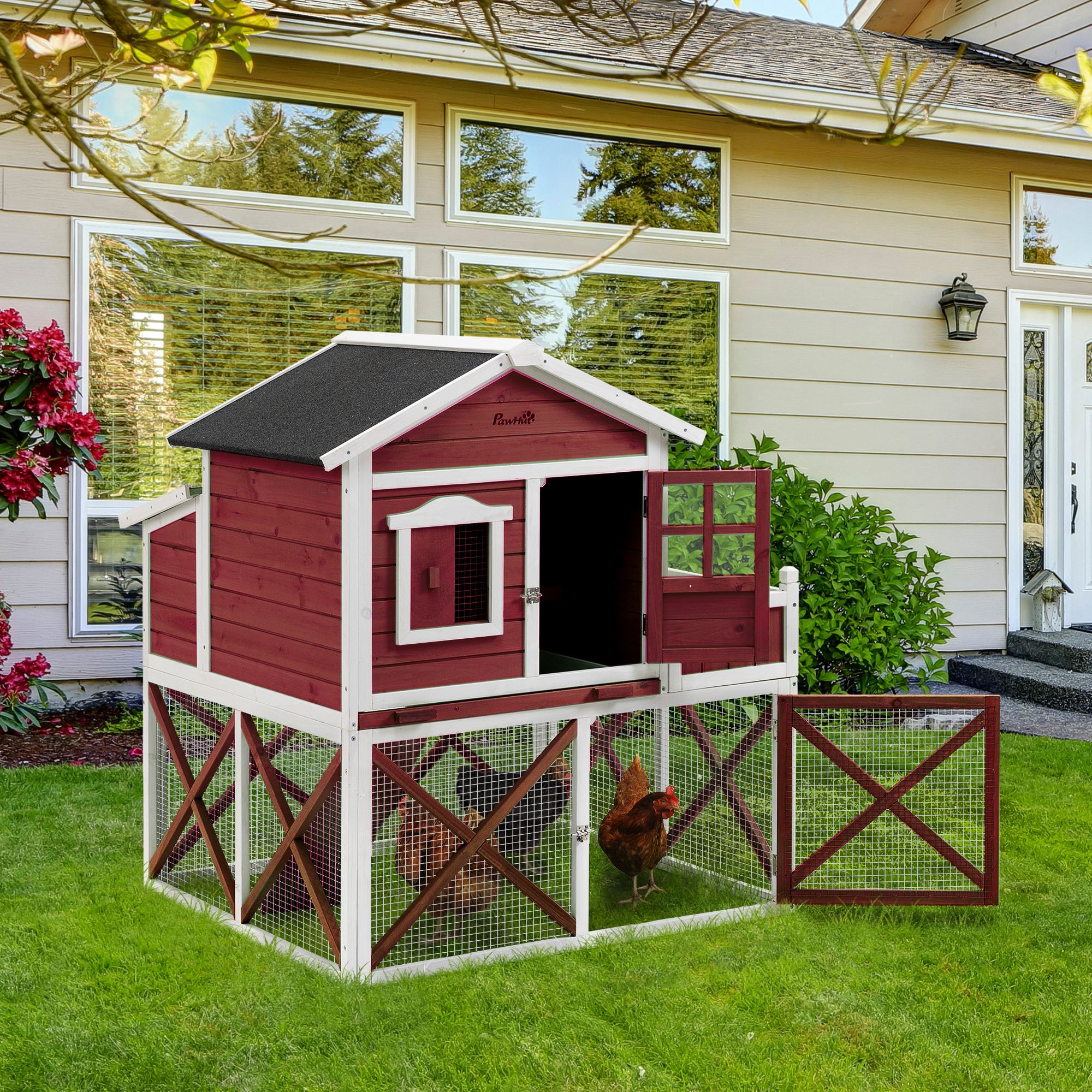 PawHut 44" Chicken Coop, Wooden Hen Run House, Rabbit Hutch with Nesting Box, Removable Tray, Asphalt Roof, Planting Lattice, Red