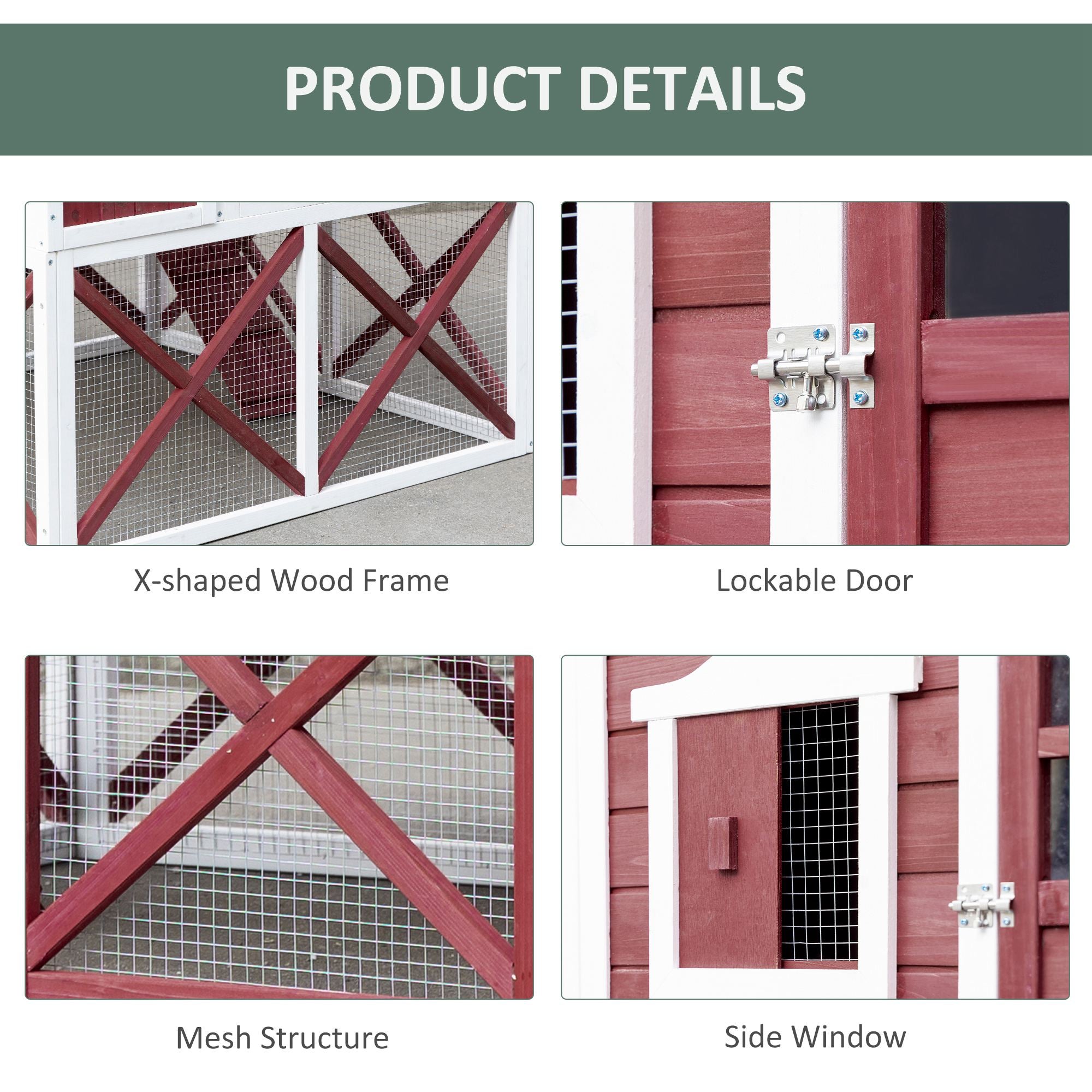 PawHut 44" Chicken Coop, Wooden Hen Run House, Rabbit Hutch with Nesting Box, Removable Tray, Asphalt Roof, Planting Lattice, Red