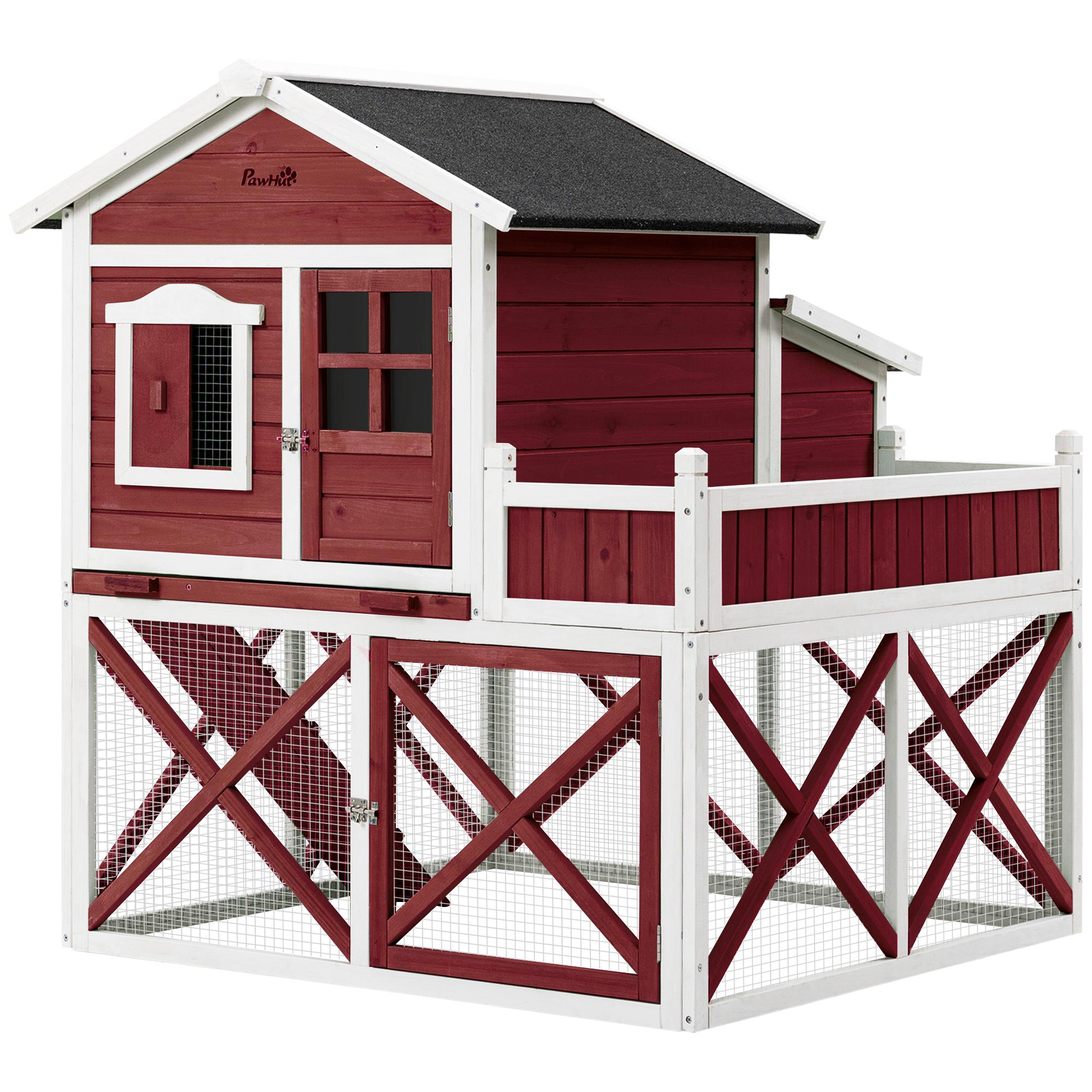 PawHut 44" Chicken Coop, Wooden Hen Run House, Rabbit Hutch with Nesting Box, Removable Tray, Asphalt Roof, Planting Lattice, Red