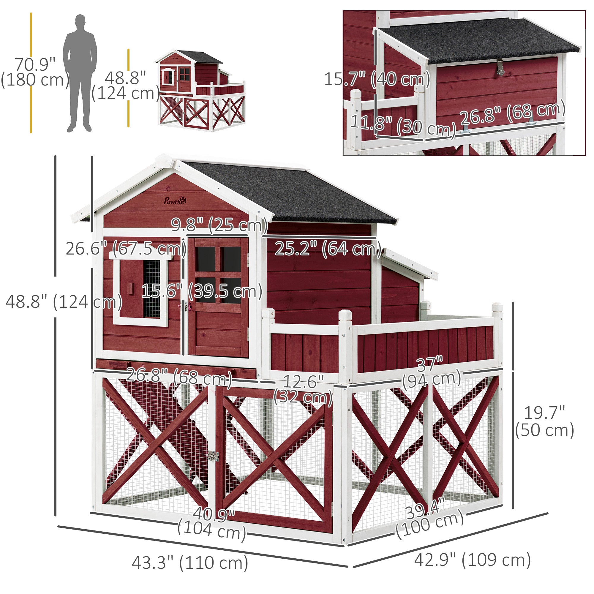 PawHut 44" Chicken Coop, Wooden Hen Run House, Rabbit Hutch with Nesting Box, Removable Tray, Asphalt Roof, Planting Lattice, Red