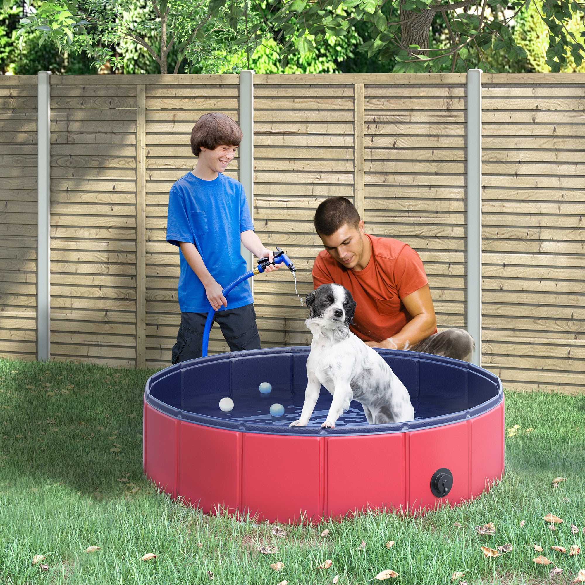 PawHut Folding Dog Pool Portable Pet Kiddie Swimming Pool, Outdoor/Indoor Puppy Bath Tub with Nonslip Bottom for Dogs & Cats,  (Φ32", Red)