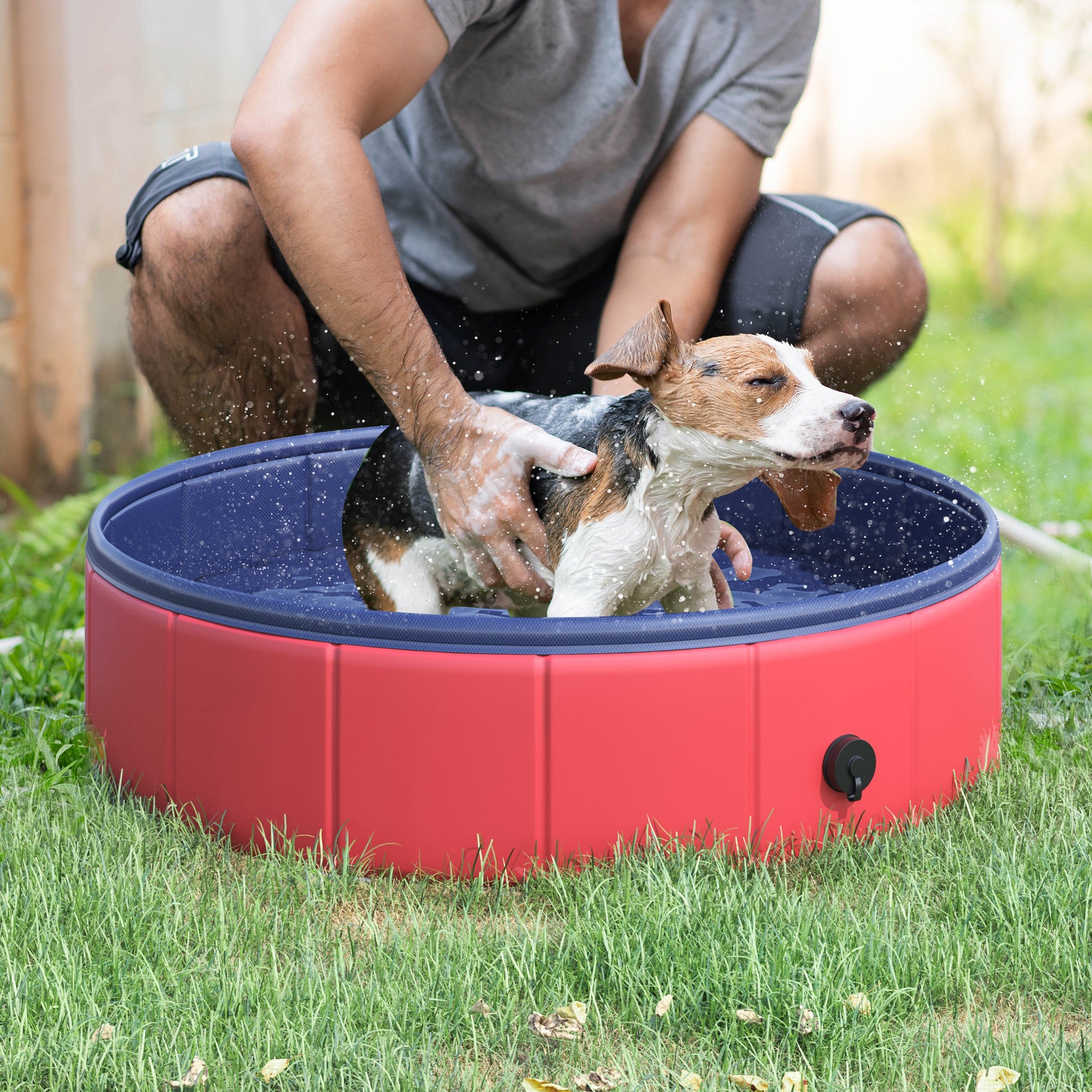 PawHut Folding Dog Pool Portable Pet Kiddie Swimming Pool, Outdoor/Indoor Puppy Bath Tub with Nonslip Bottom for Dogs & Cats,  (Φ32", Red)