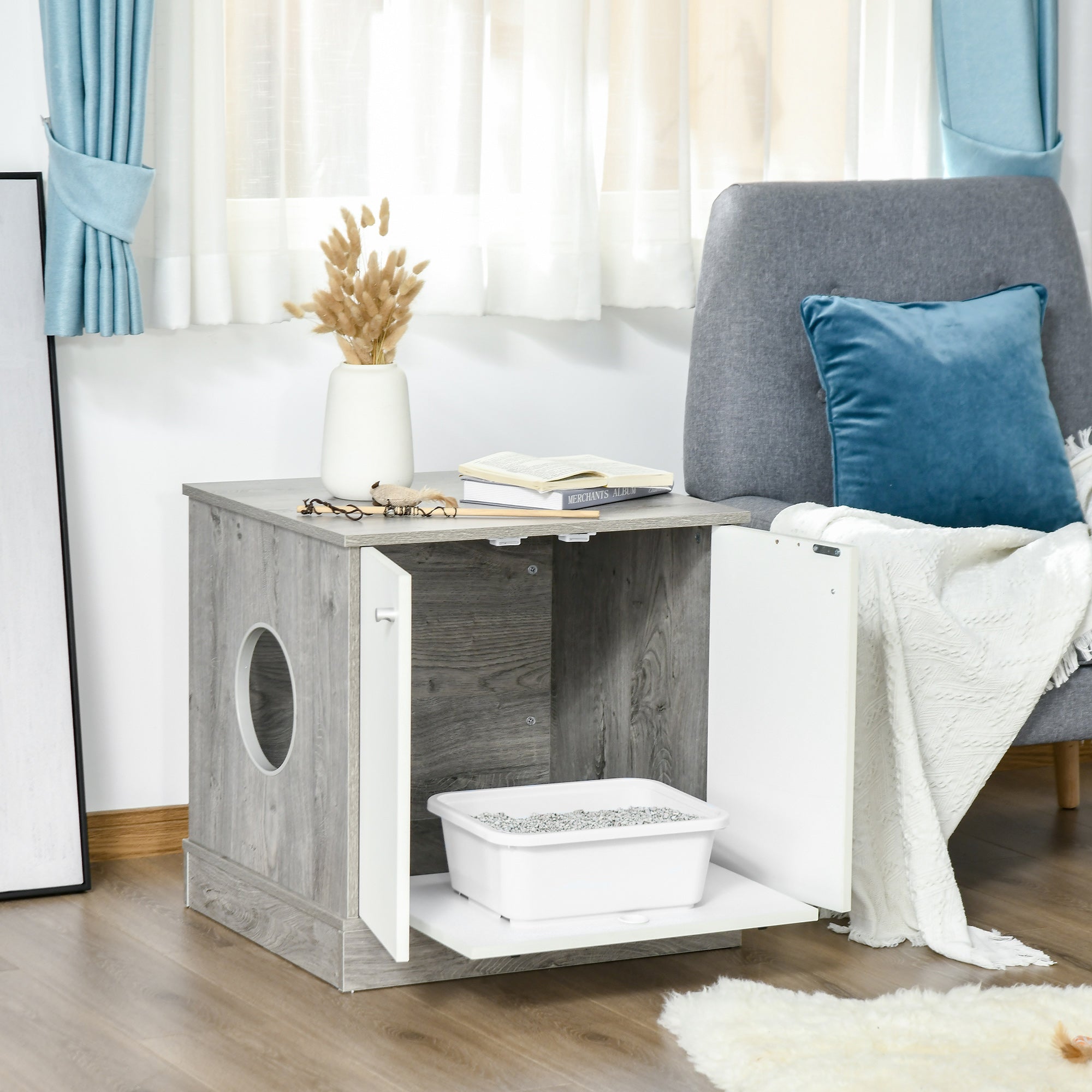 PawHut Cat Litter Box Enclosure Privacy Washroom Decorative Kitten Pet House Nightstand End Table Indoor with Magnetic Door Slide-out Board Grey Oak