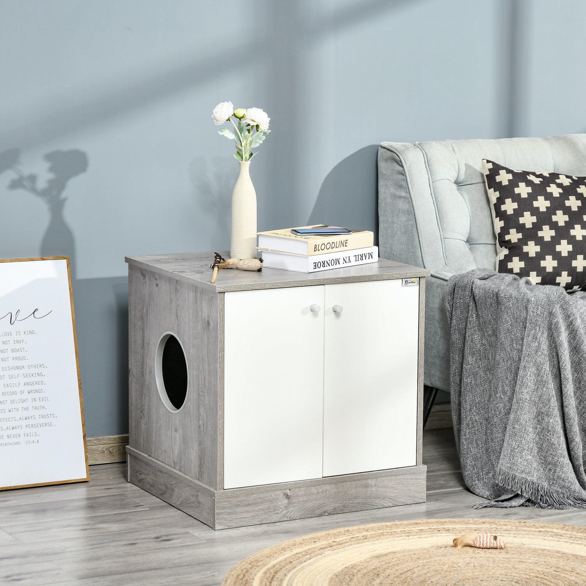 PawHut Cat Litter Box Enclosure Privacy Washroom Decorative Kitten Pet House Nightstand End Table Indoor with Magnetic Door Slide-out Board Grey Oak