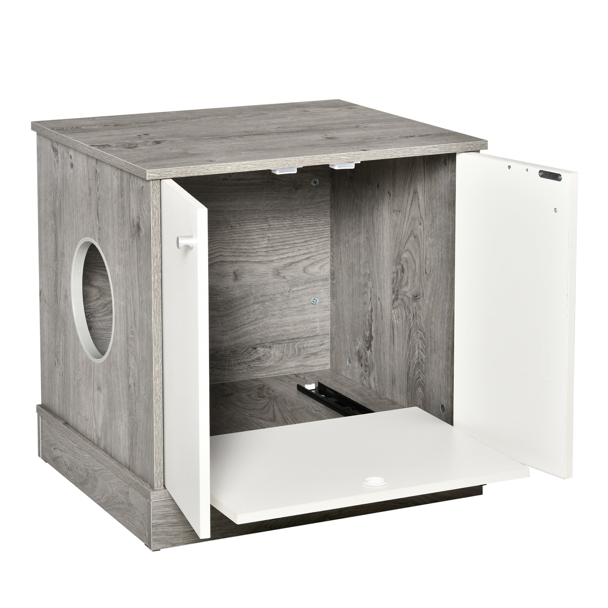 PawHut Cat Litter Box Enclosure Privacy Washroom Decorative Kitten Pet House Nightstand End Table Indoor with Magnetic Door Slide-out Board Grey Oak