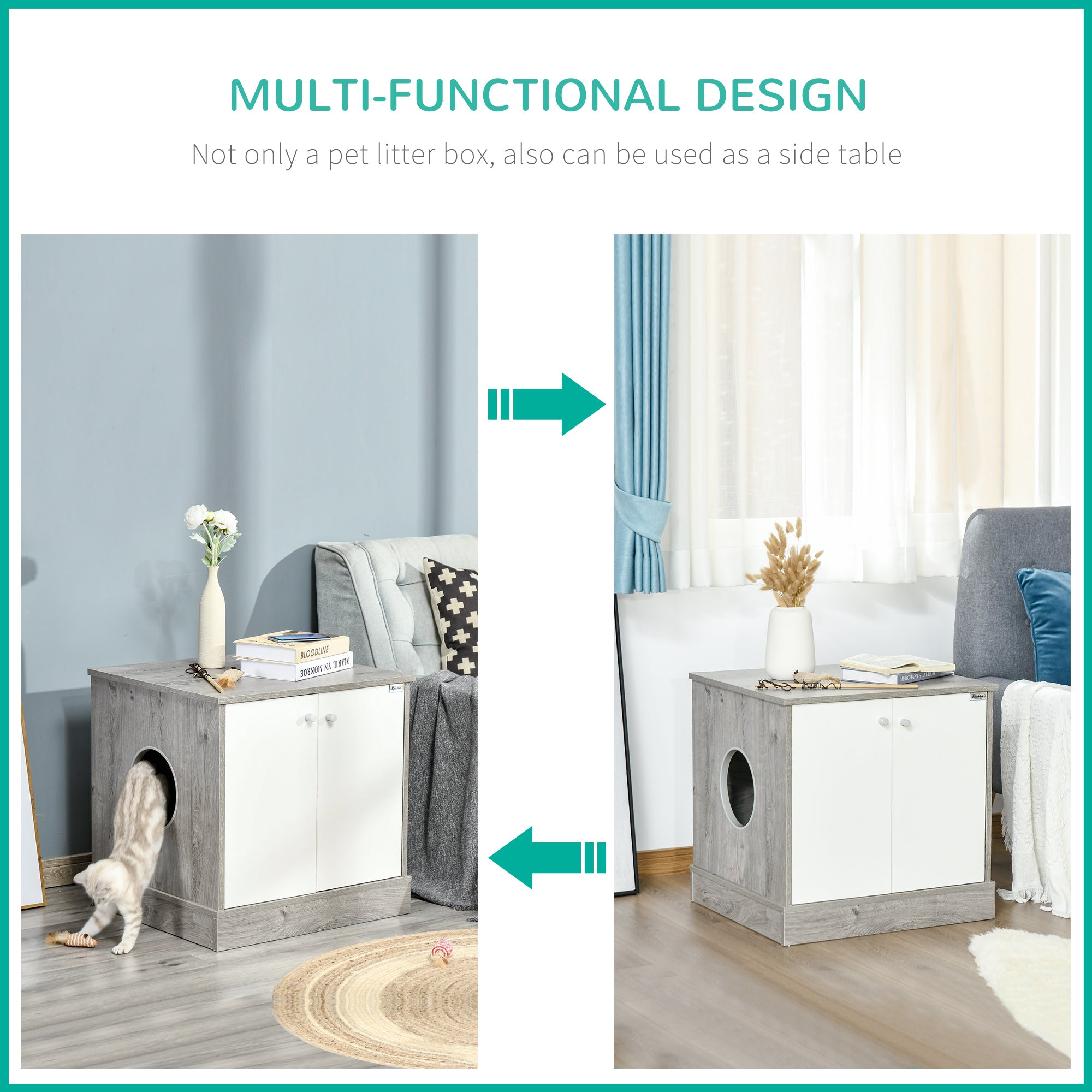 PawHut Cat Litter Box Enclosure Privacy Washroom Decorative Kitten Pet House Nightstand End Table Indoor with Magnetic Door Slide-out Board Grey Oak