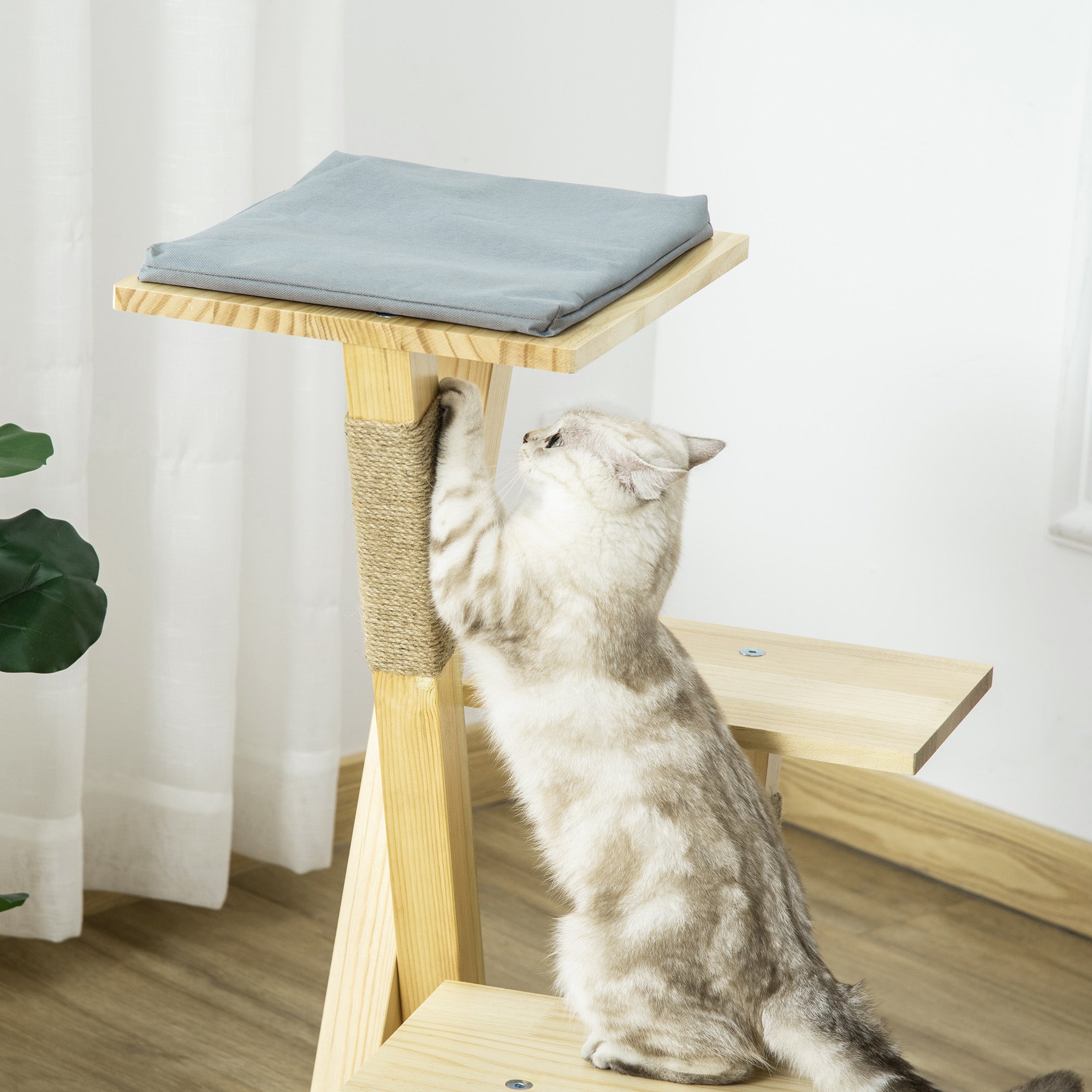 PawHut 31" Cat Tree Kitty Activity Center Pinewood Cat Climbing Toy Indoor Outdoor Pet Furniture with Jute Scratching Post Perch Cushion Natural