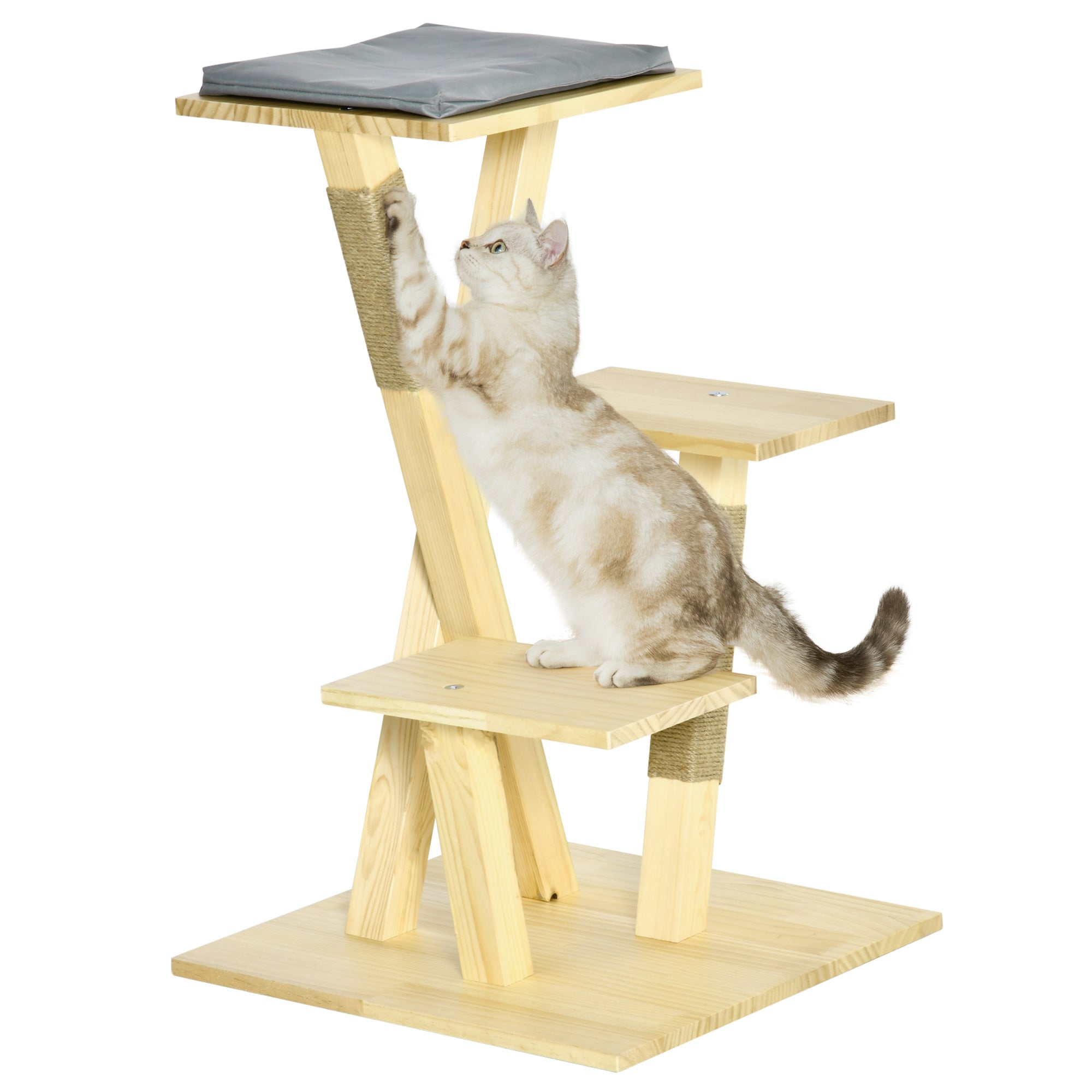 PawHut 31" Cat Tree Kitty Activity Center Pinewood Cat Climbing Toy Indoor Outdoor Pet Furniture with Jute Scratching Post Perch Cushion Natural