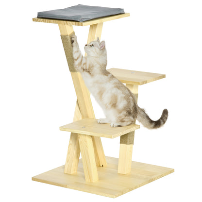 PawHut 31" Cat Tree Kitty Activity Center Pinewood Cat Climbing Toy Indoor Outdoor Pet Furniture with Jute Scratching Post Perch Cushion Natural