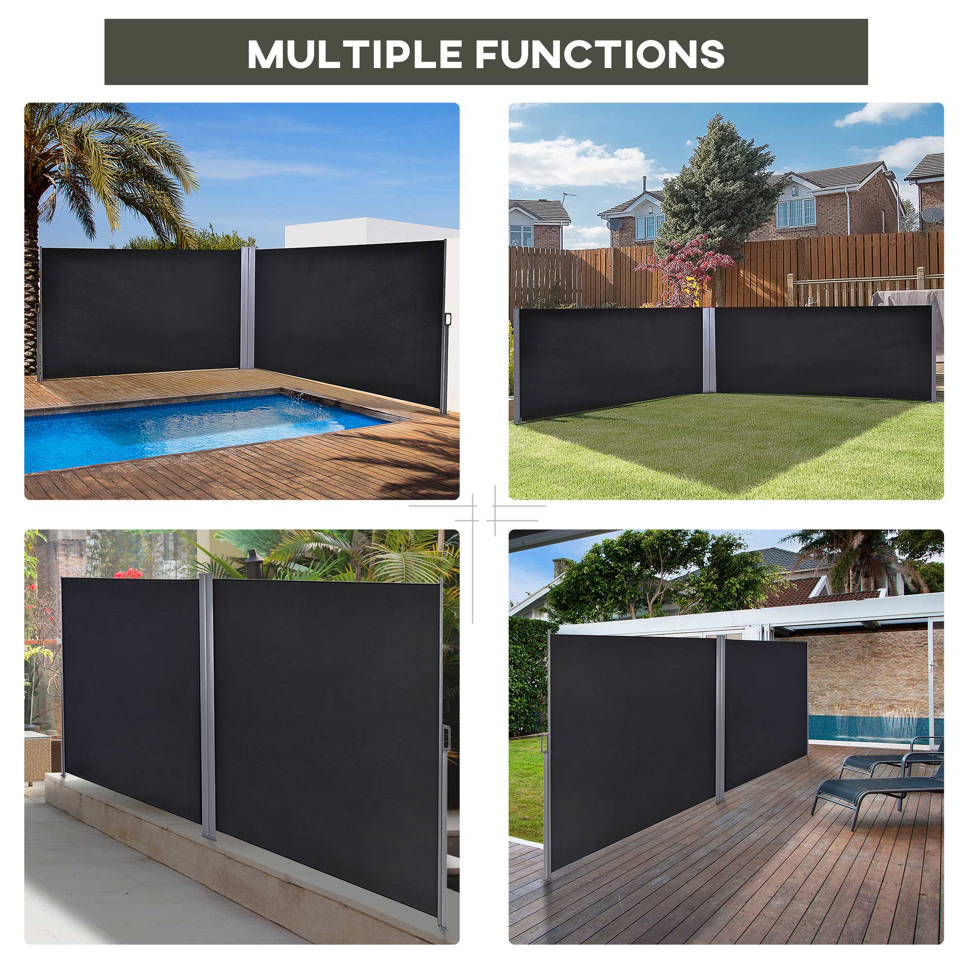 Outsunny Double Retractable Side Awning, 236" x 63" Outdoor Privacy Wall, Patio Screen for Garden, Balcony, Backyard, Black