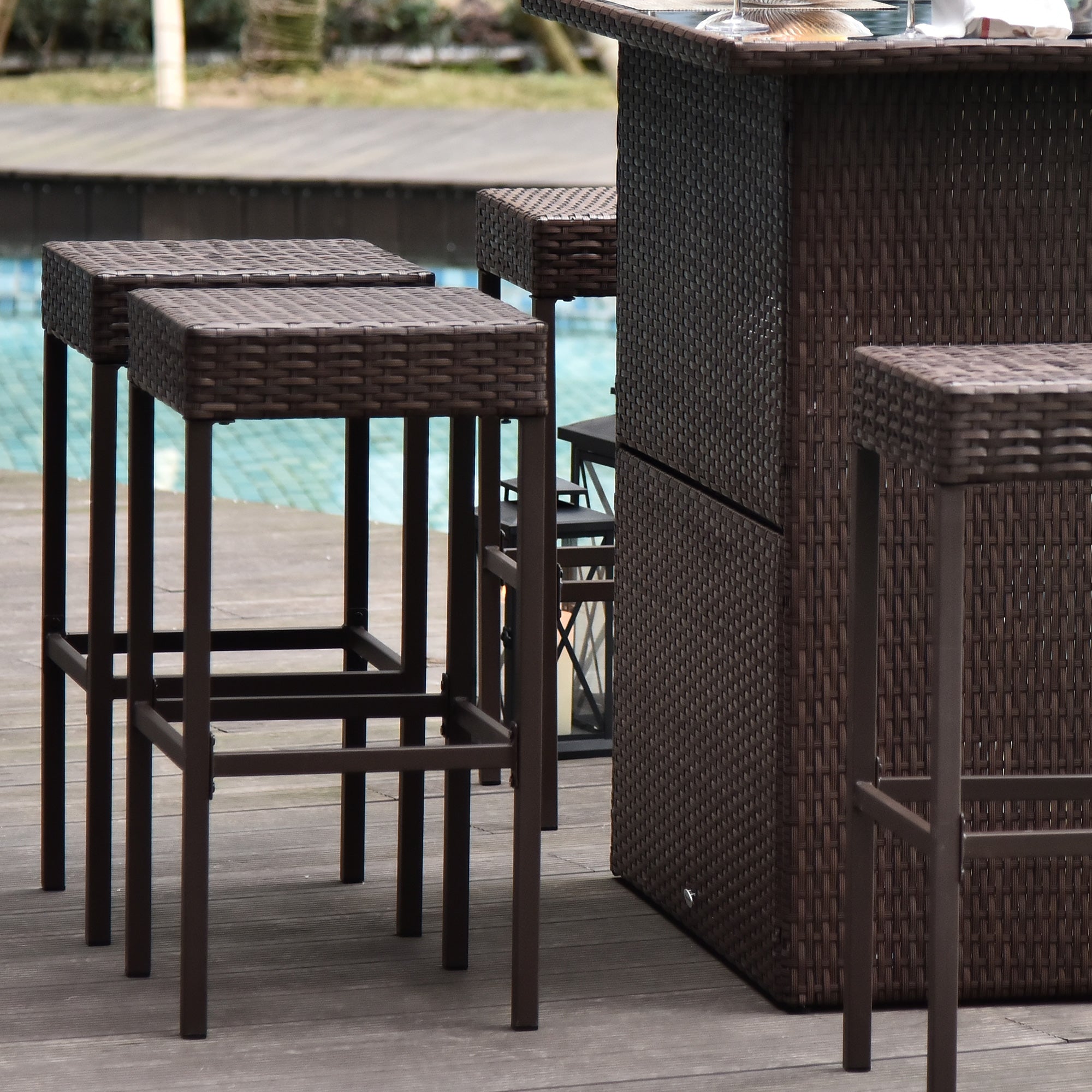 Outsunny 5 Pieces Patio Bar Set, Outdoor PE Rattan Wicker High Top Outdoor Table and Chairs Outdoor Bar Set with Tempered Glass Top Bar Table and Shelves, 4 Bar Chairs, Dark Brown
