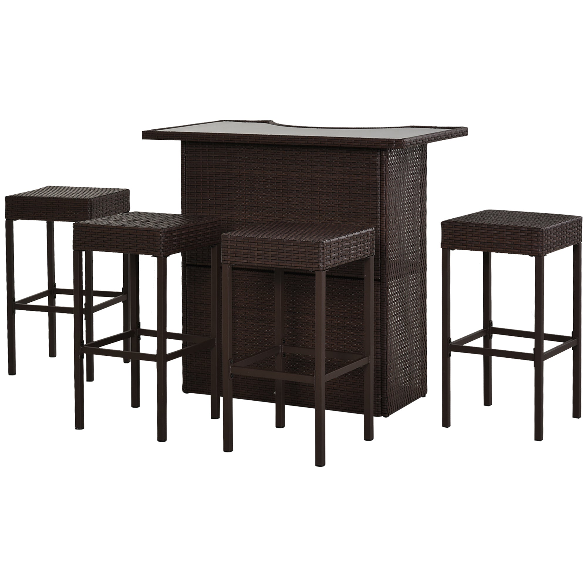 Outsunny 5 Pieces Patio Bar Set, Outdoor PE Rattan Wicker High Top Outdoor Table and Chairs Outdoor Bar Set with Tempered Glass Top Bar Table and Shelves, 4 Bar Chairs, Dark Brown