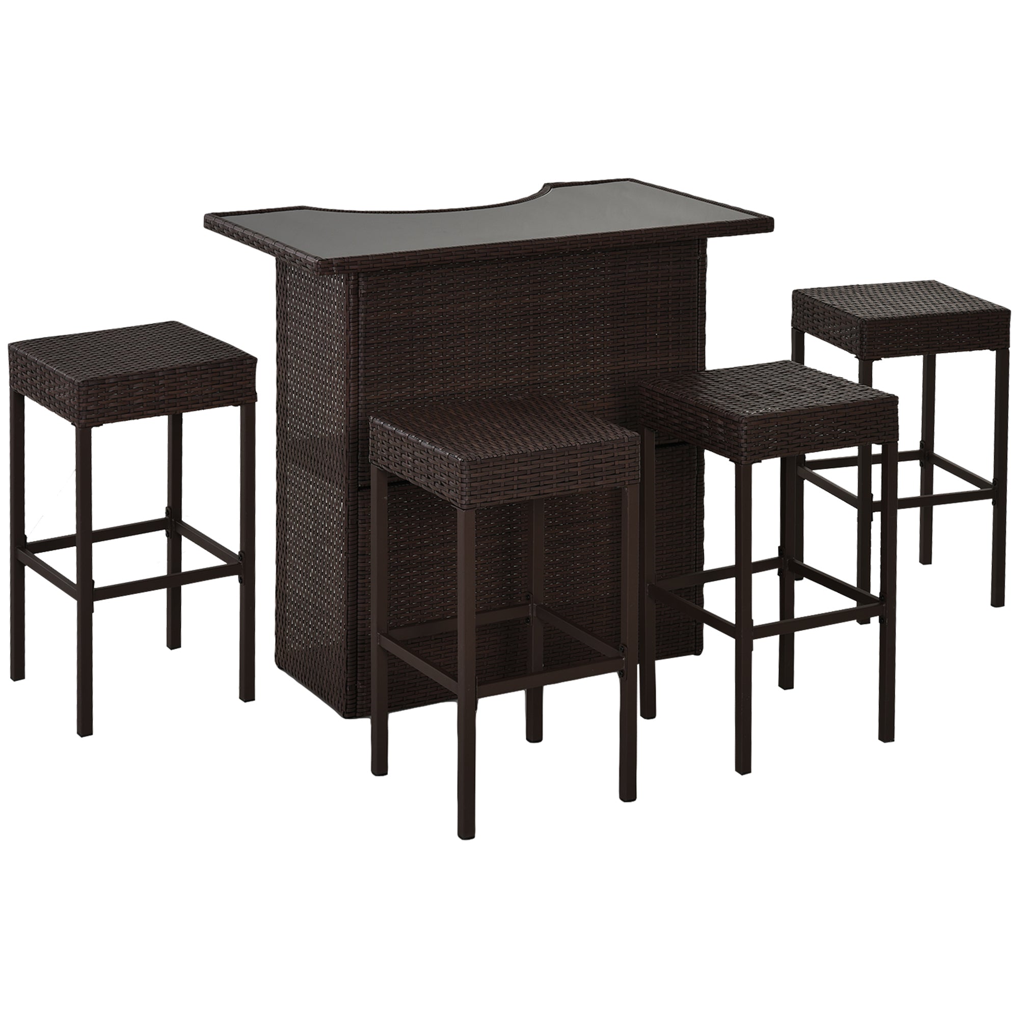 Outsunny 5 Pieces Patio Bar Set, Outdoor PE Rattan Wicker High Top Outdoor Table and Chairs Outdoor Bar Set with Tempered Glass Top Bar Table and Shelves, 4 Bar Chairs, Dark Brown