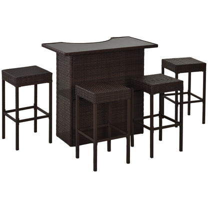 Outsunny 5 Pieces Patio Bar Set, Outdoor PE Rattan Wicker High Top Outdoor Table and Chairs Outdoor Bar Set with Tempered Glass Top Bar Table and Shelves, 4 Bar Chairs, Dark Brown