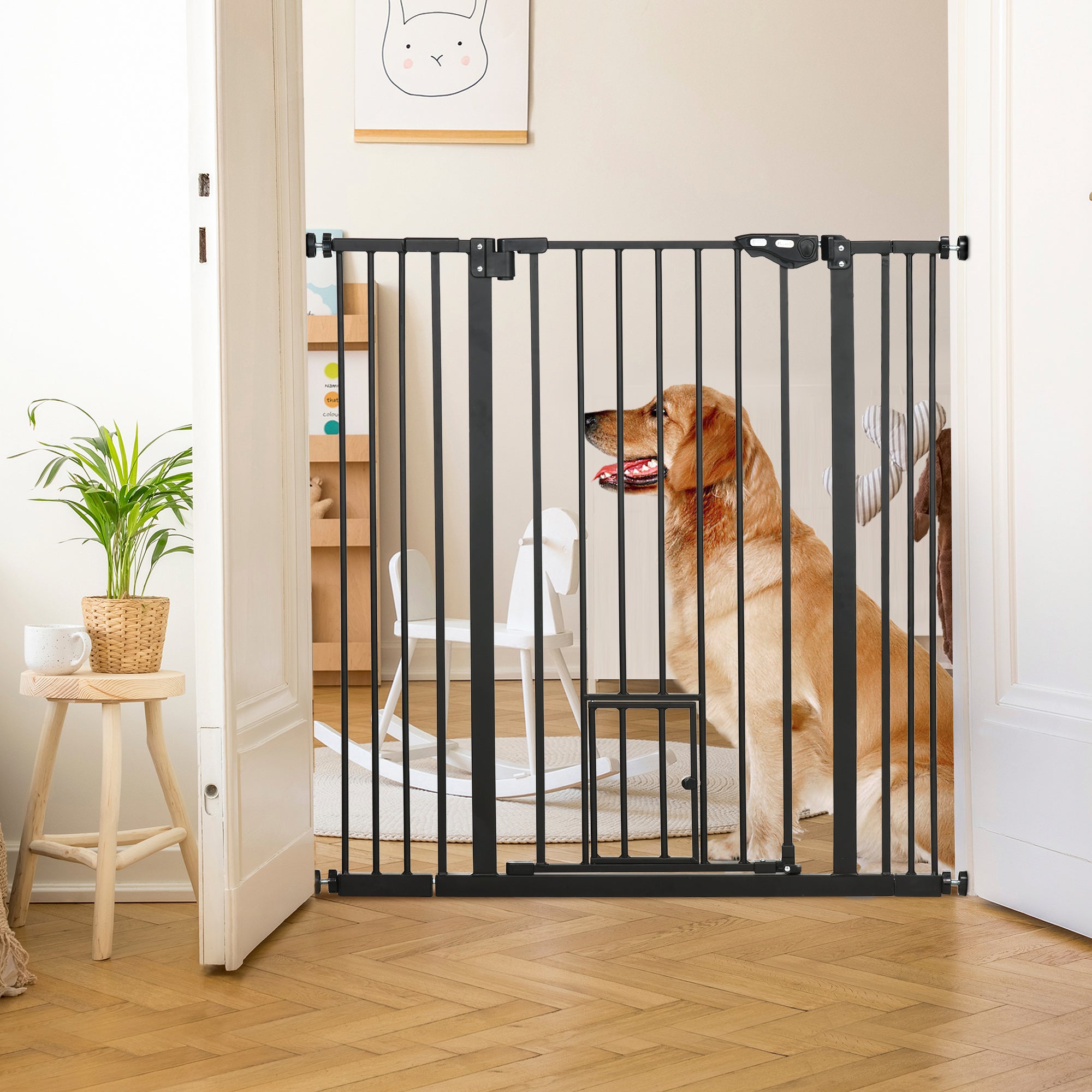 PawHut 41"H Dog Gate with Cat Door, Pet Gate with Small Door, Easy Open Indoor Dog Gates for Doorways, House, Stair, 29"-40" Long, Black