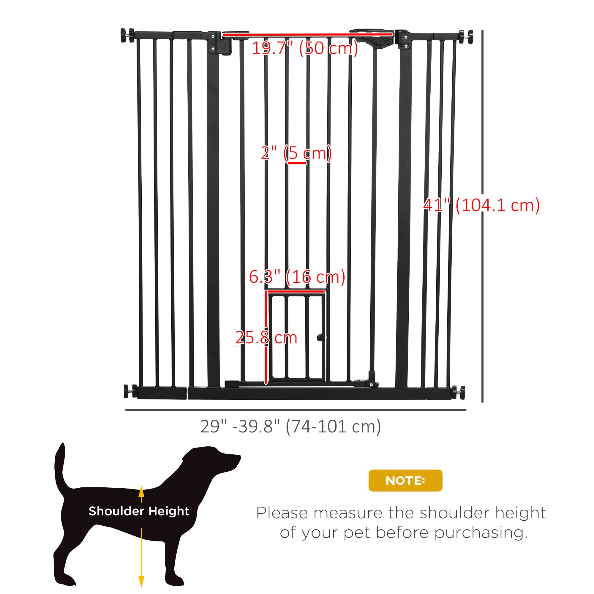 PawHut 41"H Dog Gate with Cat Door, Pet Gate with Small Door, Easy Open Indoor Dog Gates for Doorways, House, Stair, 29"-40" Long, Black
