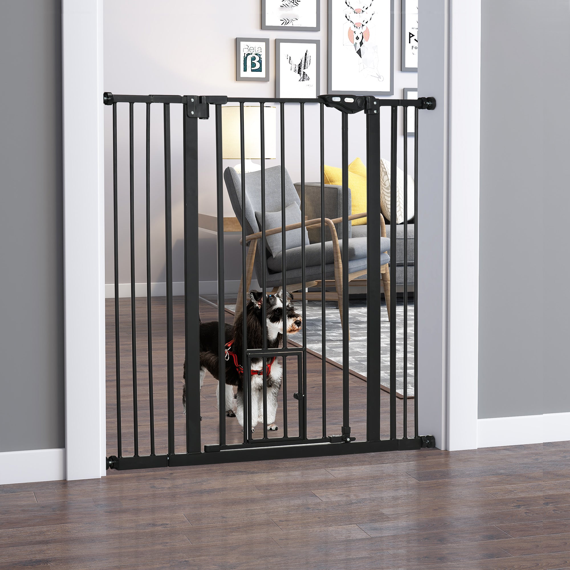 PawHut 41"H Dog Gate with Cat Door, Pet Gate with Small Door, Easy Open Indoor Dog Gates for Doorways, House, Stair, 29"-40" Long, Black