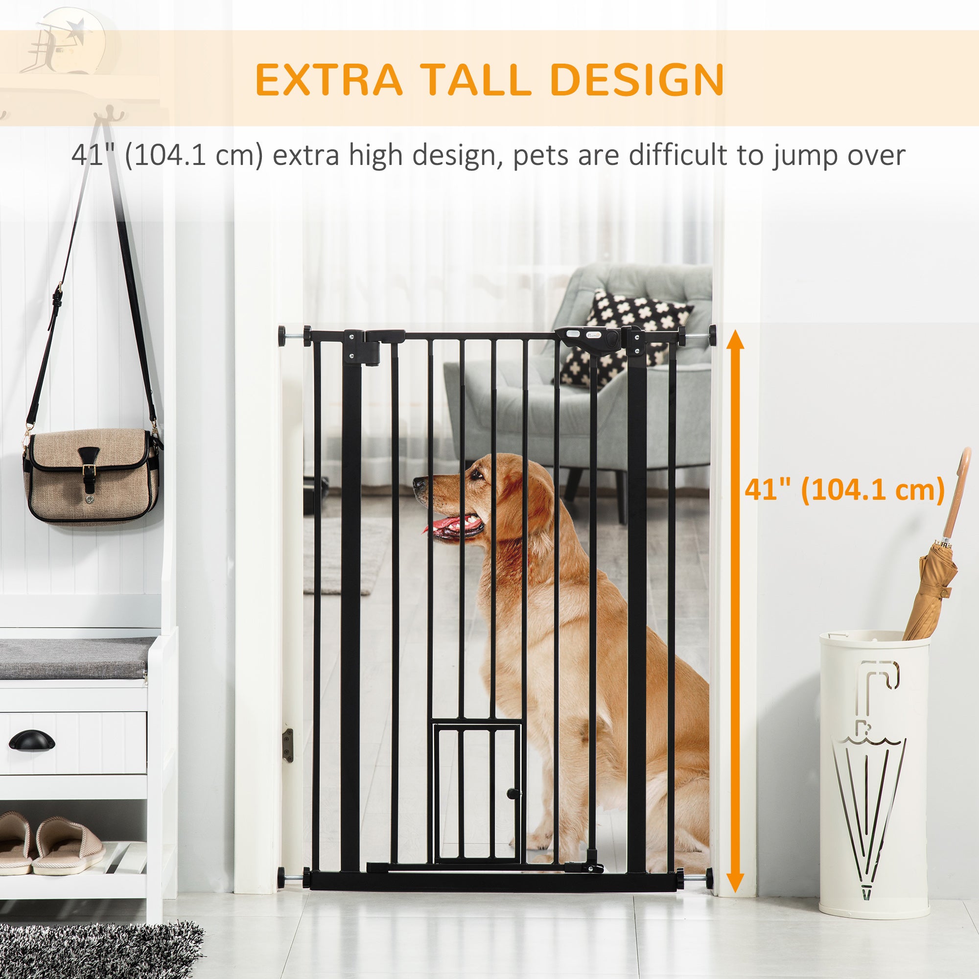 PawHut 41"H Dog Gate with Cat Door, Pet Gate with Small Door, Easy Open Indoor Dog Gates for Doorways, House, Stair, 29"-40" Long, Black