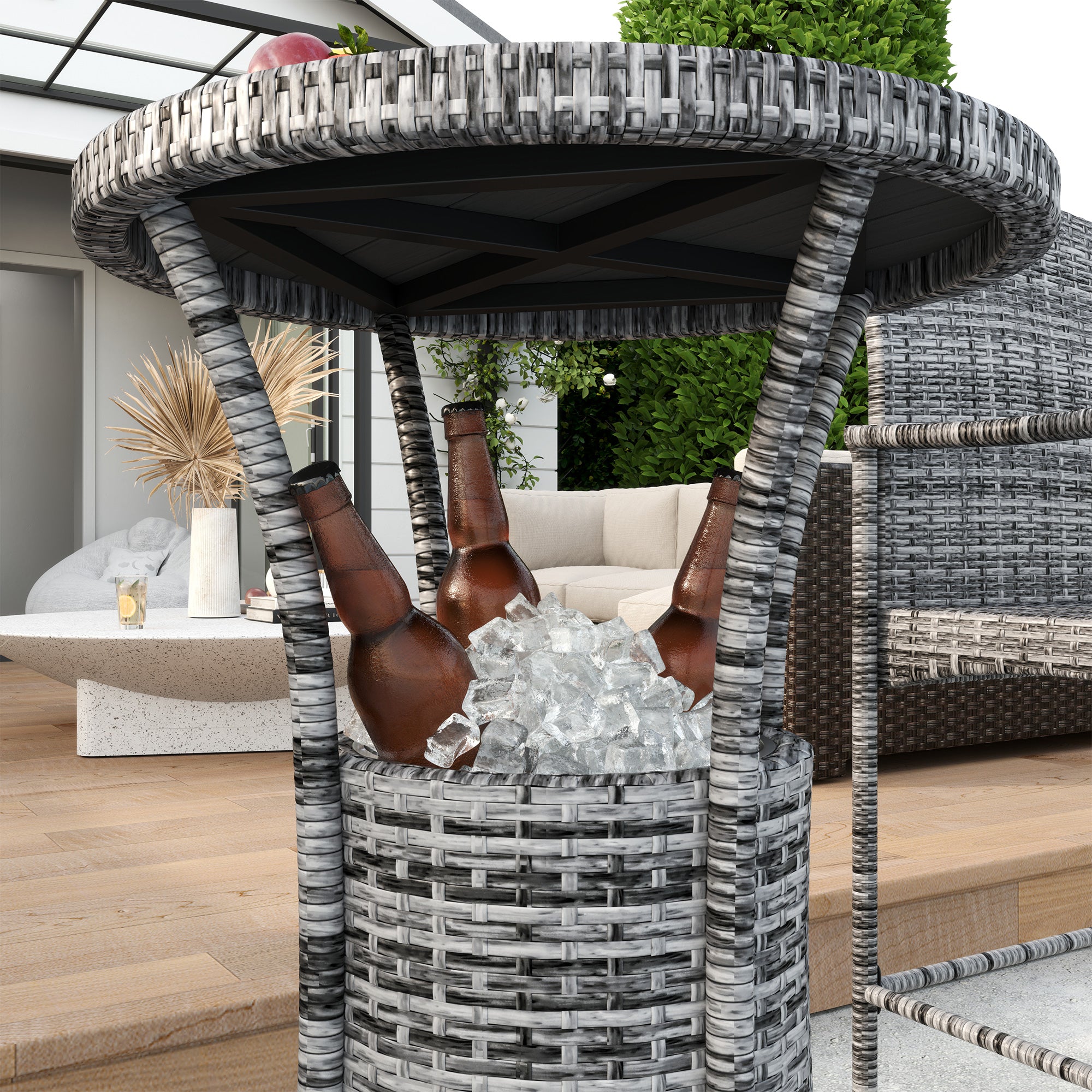 Outsunny 3 Pieces Patio Bar Set Rattan Bistro Table and High Chairs Garden Wicker Outdoor Conversation Furniture Set with Ice Bucket, Mixed Grey