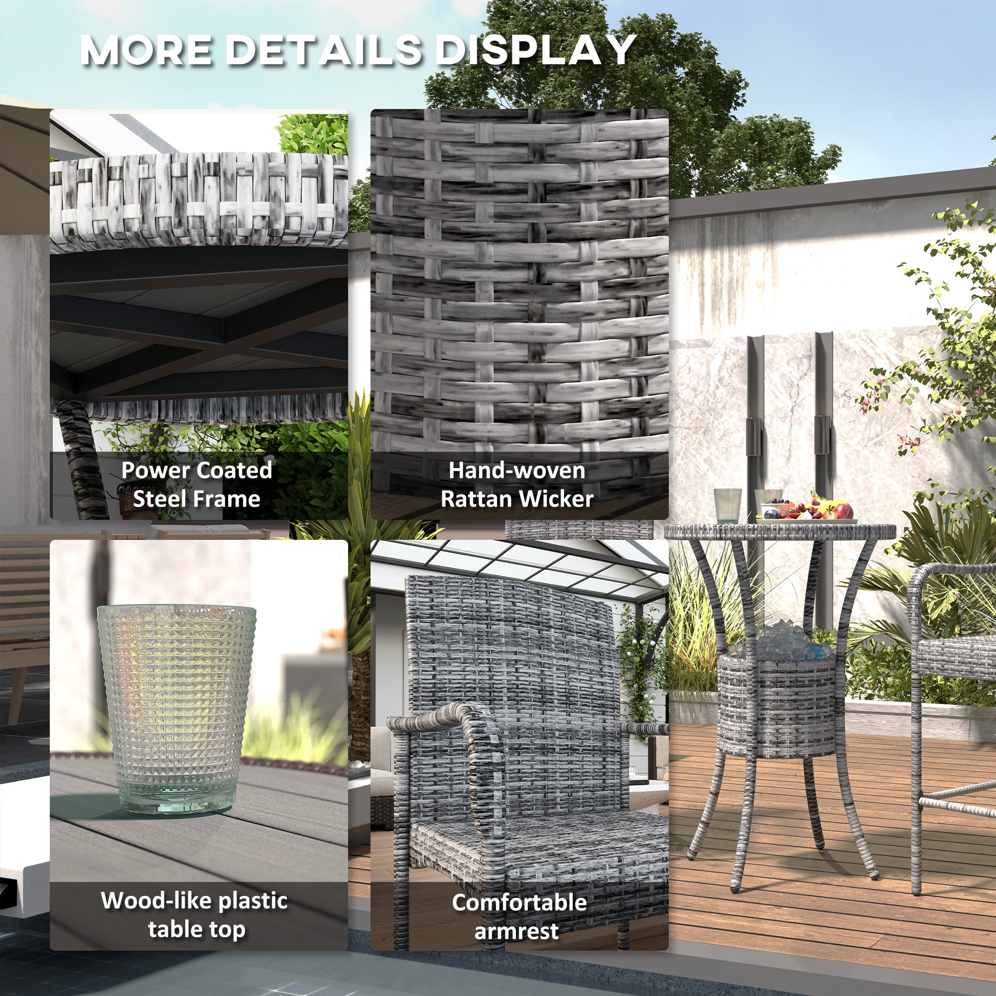 Outsunny 3 Pieces Patio Bar Set Rattan Bistro Table and High Chairs Garden Wicker Outdoor Conversation Furniture Set with Ice Bucket, Mixed Grey