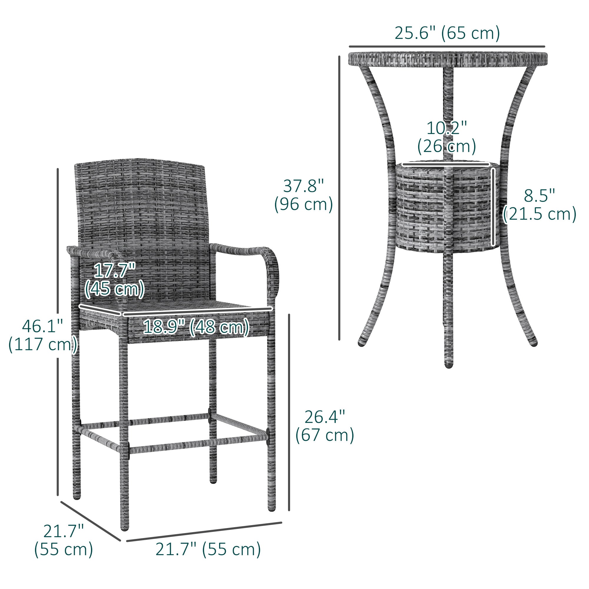 Outsunny 3 Pieces Patio Bar Set Rattan Bistro Table and High Chairs Garden Wicker Outdoor Conversation Furniture Set with Ice Bucket, Mixed Grey
