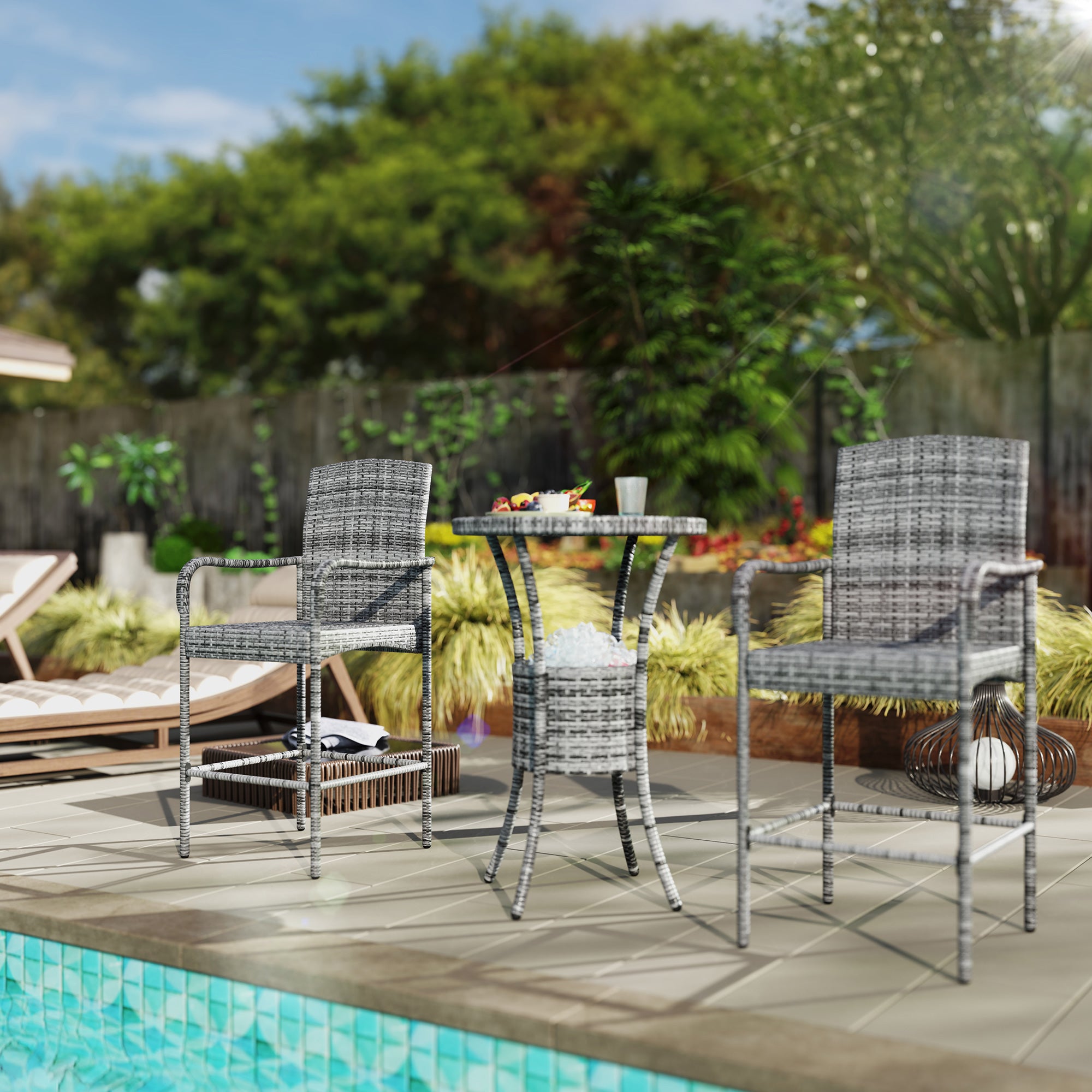 Outsunny 3 Pieces Patio Bar Set Rattan Bistro Table and High Chairs Garden Wicker Outdoor Conversation Furniture Set with Ice Bucket, Mixed Grey