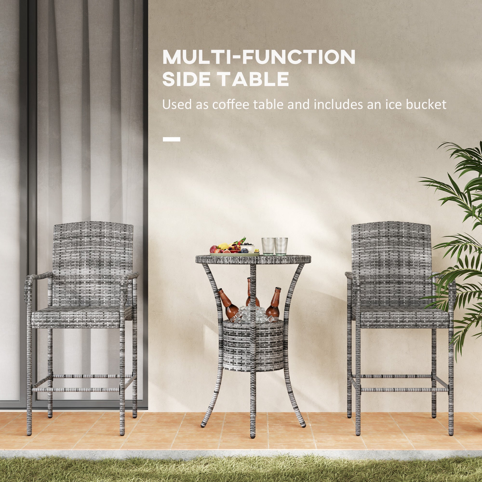 Outsunny 3 Pieces Patio Bar Set Rattan Bistro Table and High Chairs Garden Wicker Outdoor Conversation Furniture Set with Ice Bucket, Mixed Grey