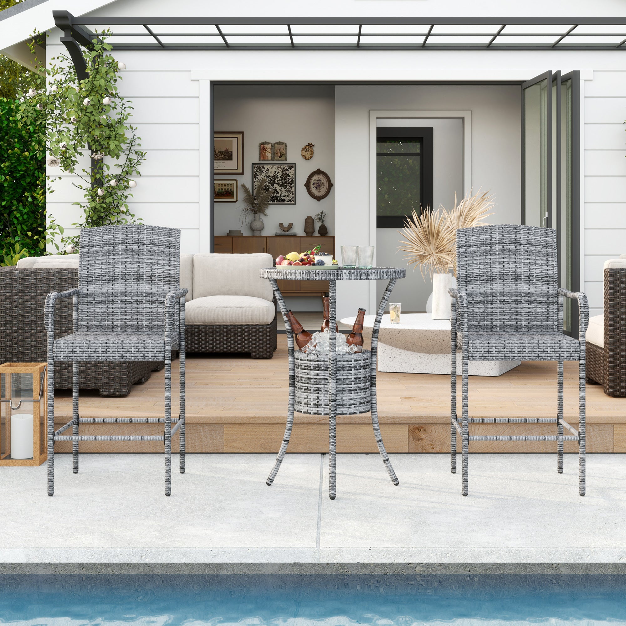 Outsunny 3 Pieces Patio Bar Set Rattan Bistro Table and High Chairs Garden Wicker Outdoor Conversation Furniture Set with Ice Bucket, Mixed Grey