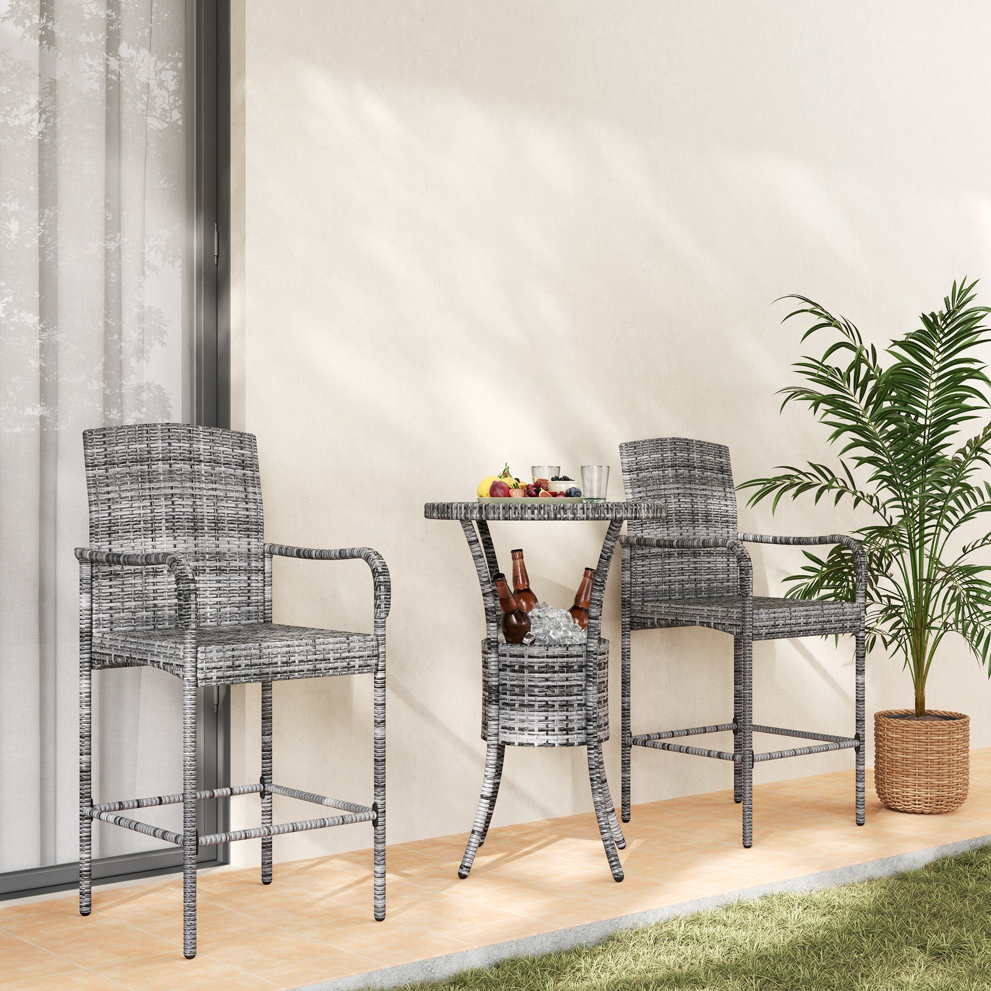 Outsunny 3 Pieces Patio Bar Set Rattan Bistro Table and High Chairs Garden Wicker Outdoor Conversation Furniture Set with Ice Bucket, Mixed Grey