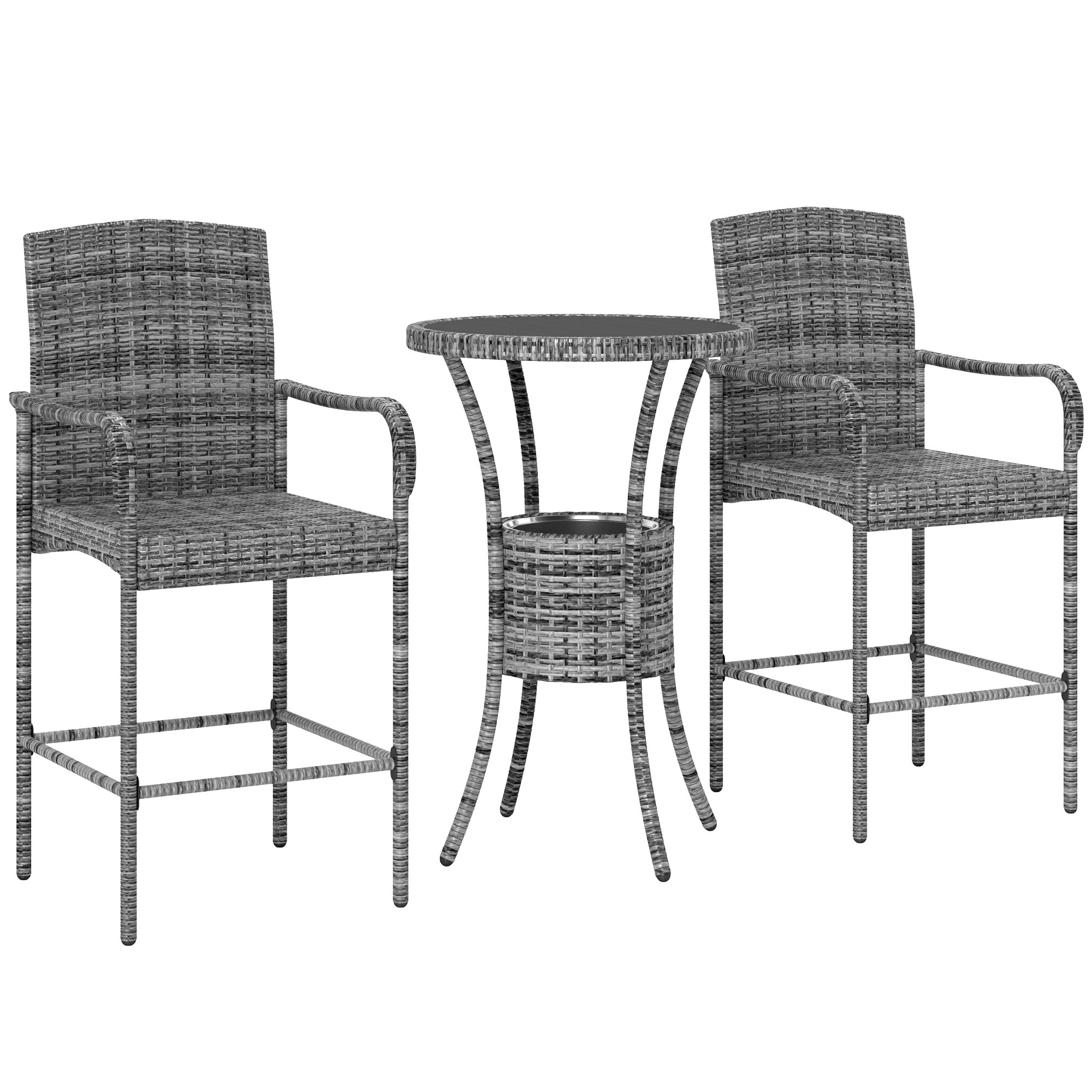 Outsunny 3 Pieces Patio Bar Set Rattan Bistro Table and High Chairs Garden Wicker Outdoor Conversation Furniture Set with Ice Bucket, Mixed Grey