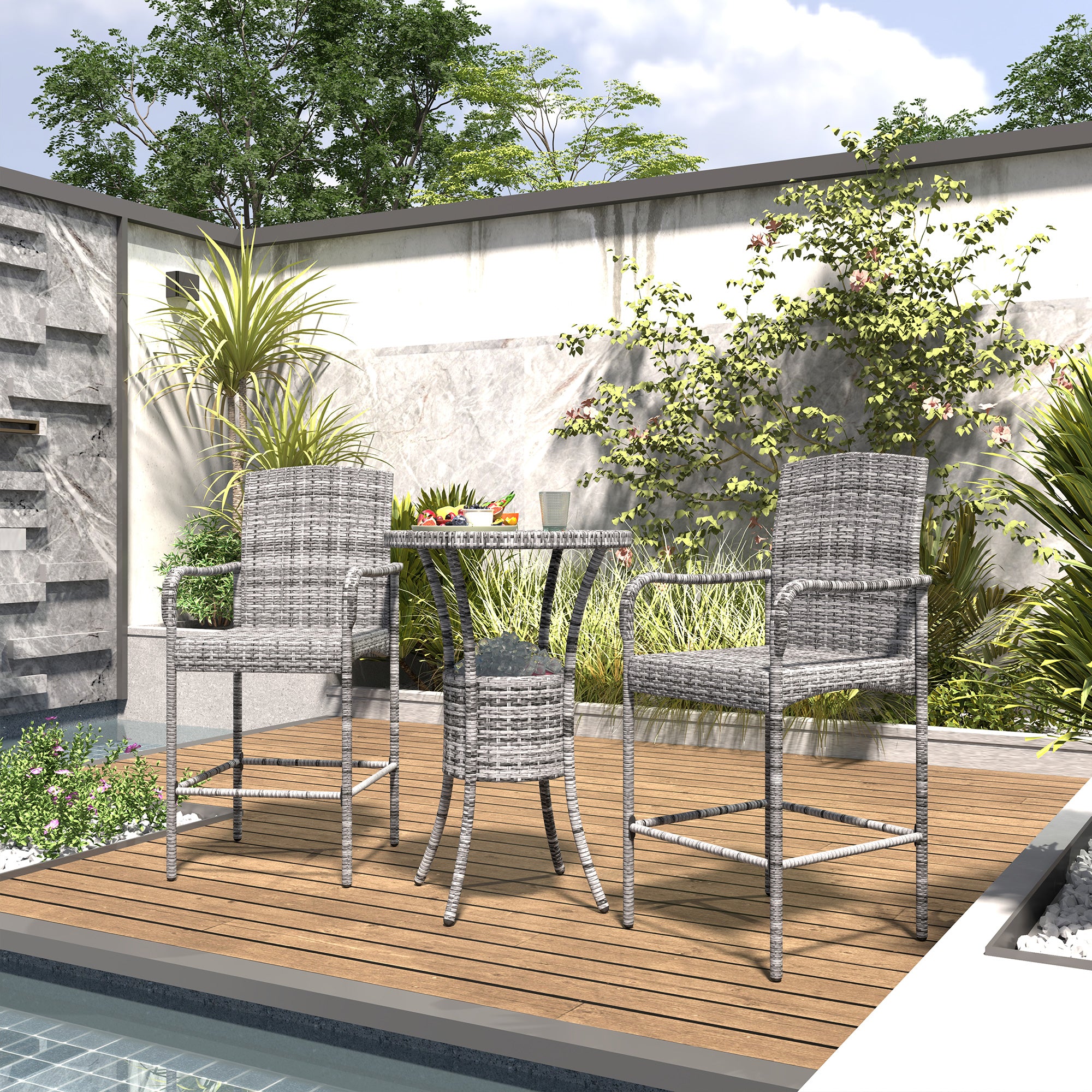 Outsunny 3 Pieces Patio Bar Set Rattan Bistro Table and High Chairs Garden Wicker Outdoor Conversation Furniture Set with Ice Bucket, Mixed Grey
