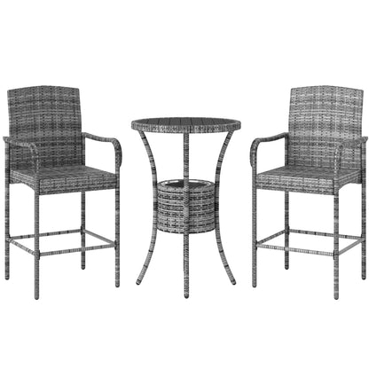 Outsunny 3 Pieces Patio Bar Set Rattan Bistro Table and High Chairs Garden Wicker Outdoor Conversation Furniture Set with Ice Bucket, Mixed Grey