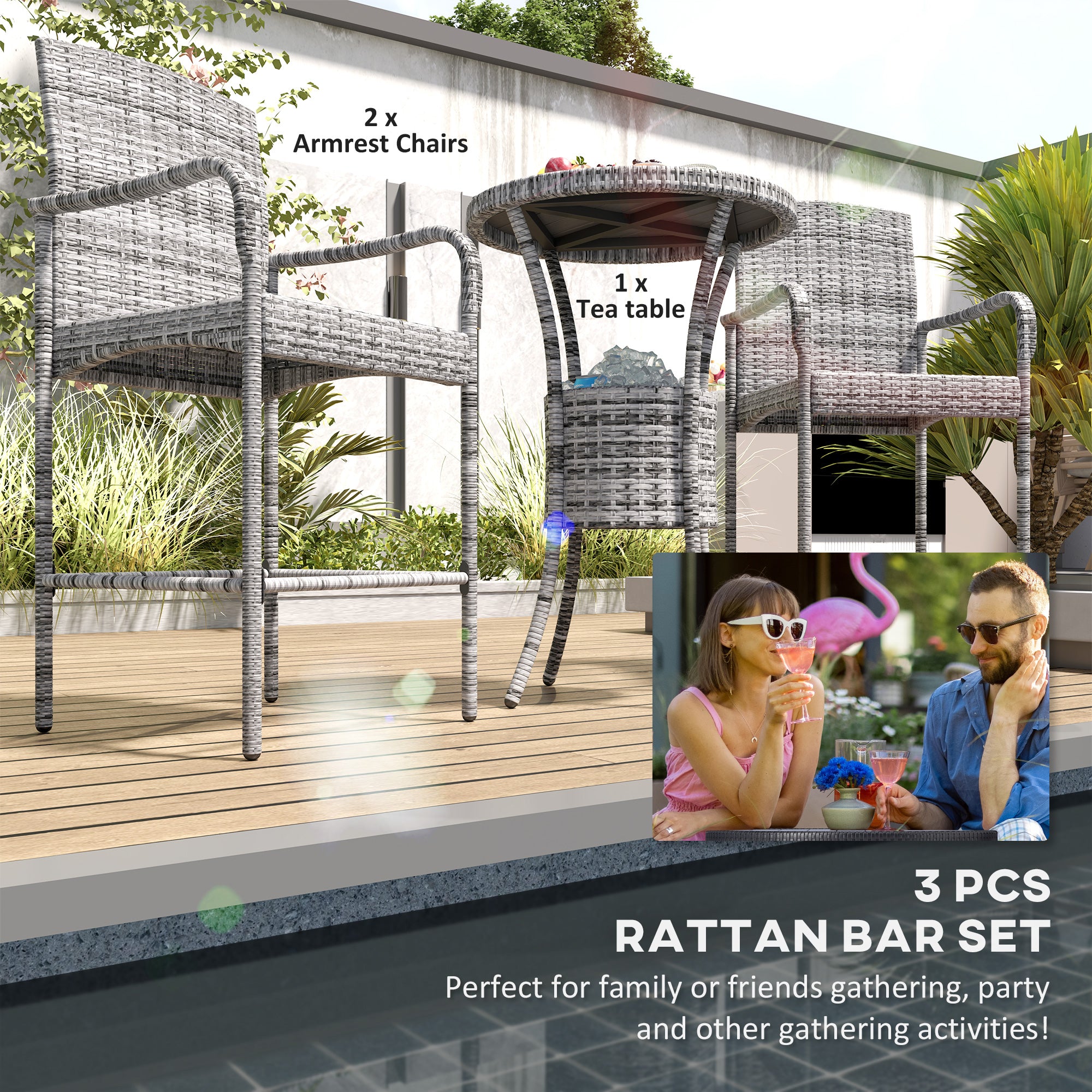 Outsunny 3 Pieces Patio Bar Set Rattan Bistro Table and High Chairs Garden Wicker Outdoor Conversation Furniture Set with Ice Bucket, Mixed Grey