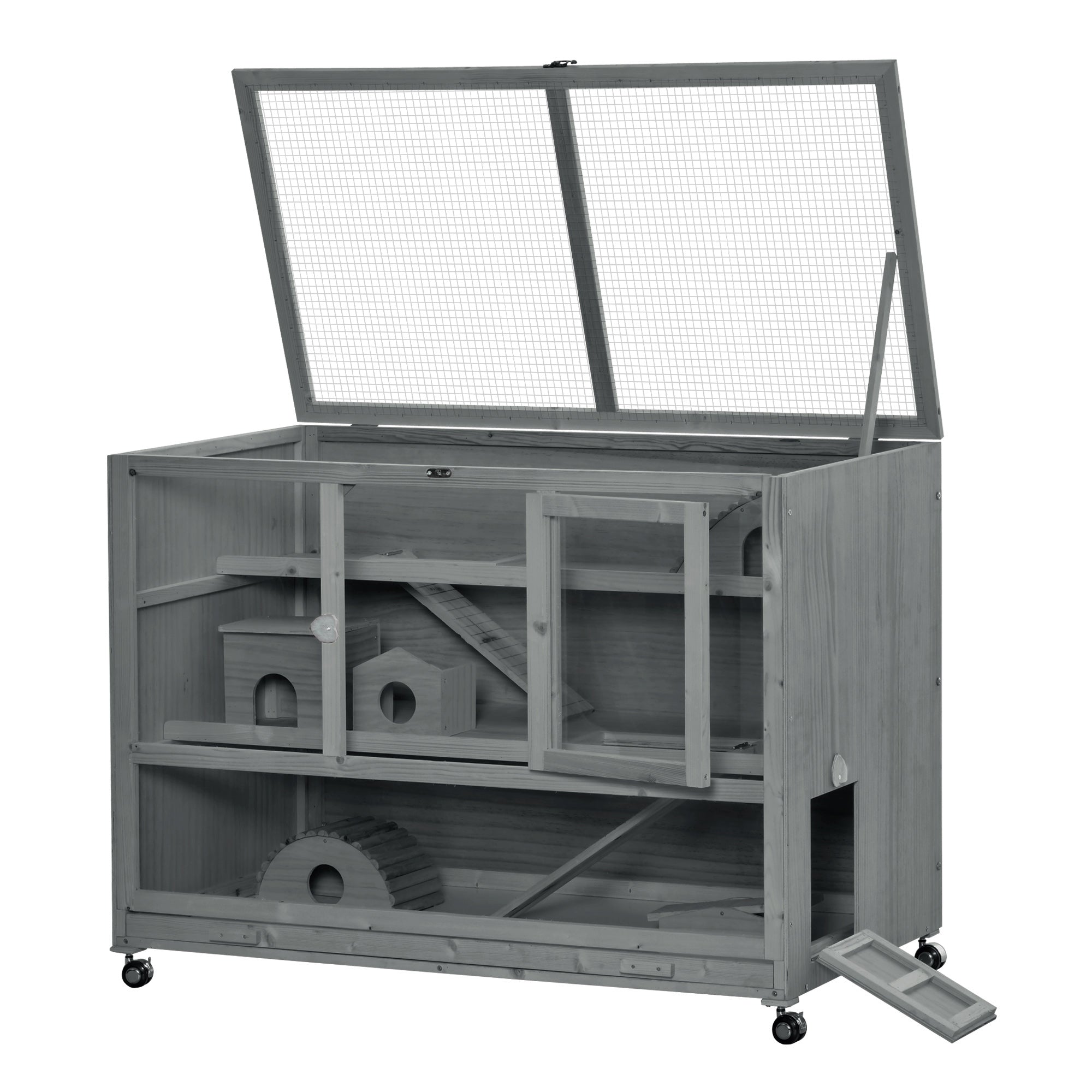 PawHut Wooden Large Hamster Cage with Seesaw and Wheels, Small Animal Cage and Habitat, 3-Tier Hamster Habitat with Ladder, Dark Grey