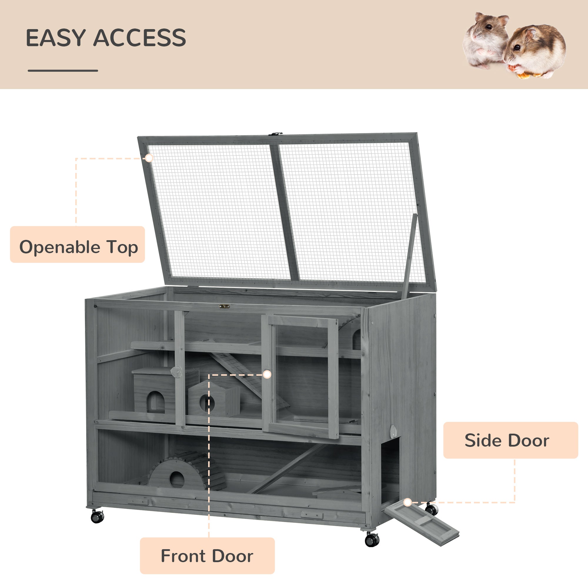 PawHut Wooden Large Hamster Cage with Seesaw and Wheels, Small Animal Cage and Habitat, 3-Tier Hamster Habitat with Ladder, Dark Grey