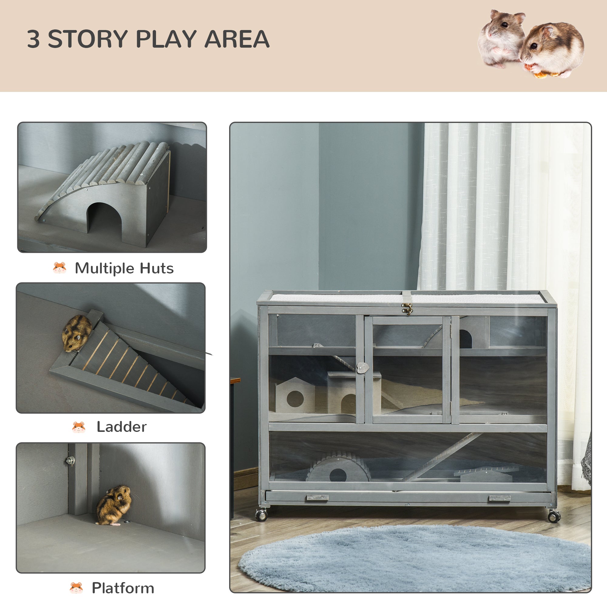 PawHut Wooden Large Hamster Cage with Seesaw and Wheels, Small Animal Cage and Habitat, 3-Tier Hamster Habitat with Ladder, Dark Grey