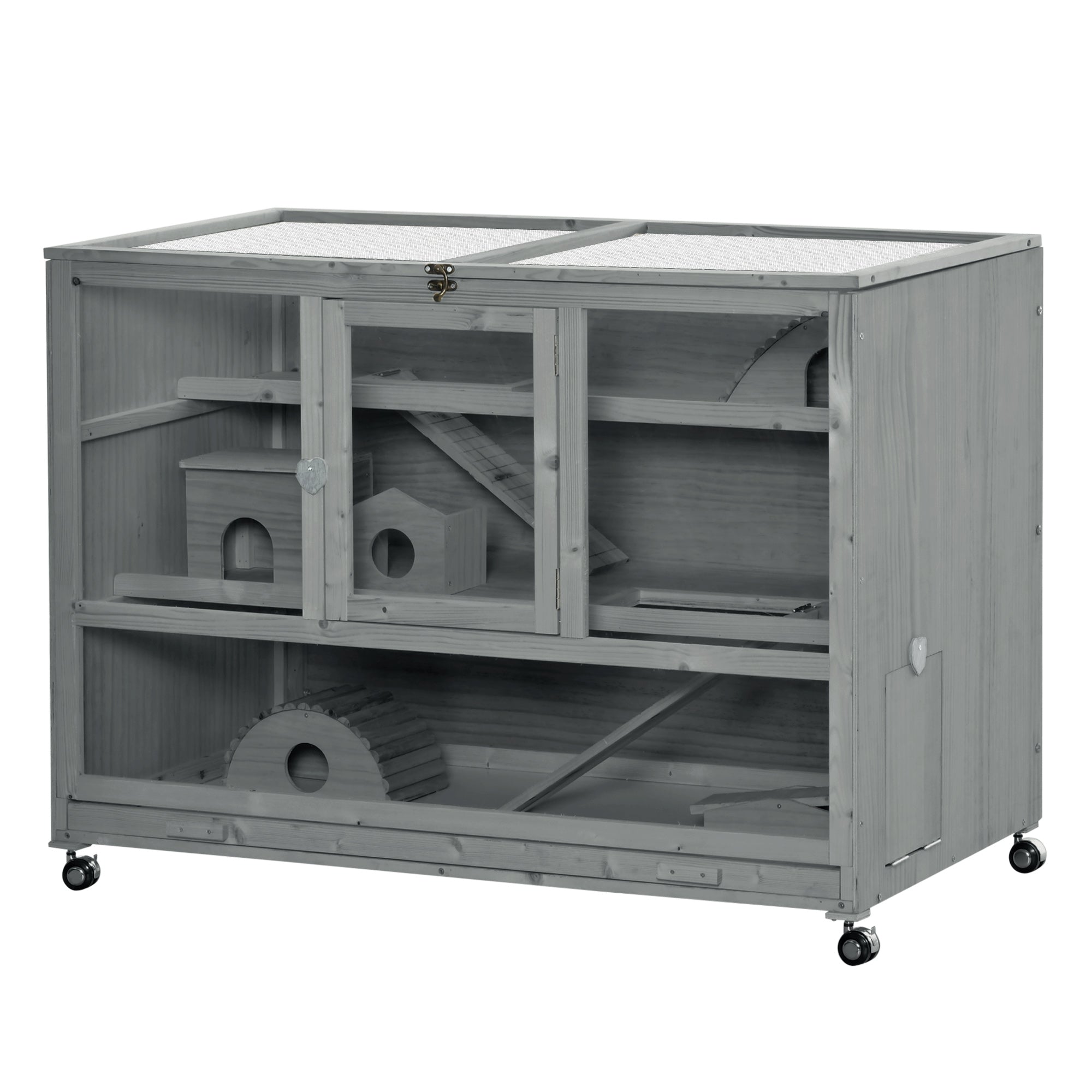 PawHut Wooden Large Hamster Cage with Seesaw and Wheels, Small Animal Cage and Habitat, 3-Tier Hamster Habitat with Ladder, Dark Grey