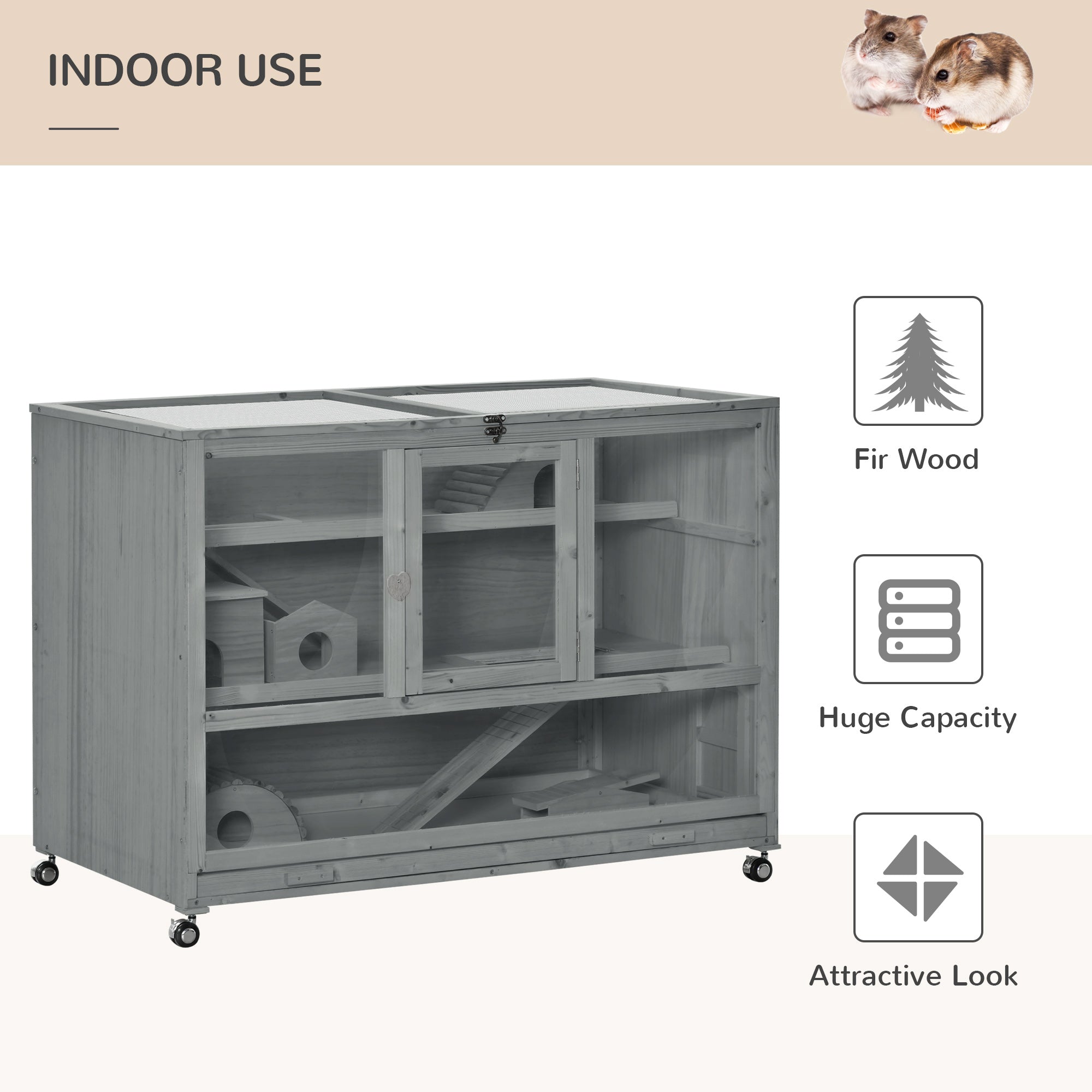 PawHut Wooden Large Hamster Cage with Seesaw and Wheels, Small Animal Cage and Habitat, 3-Tier Hamster Habitat with Ladder, Dark Grey