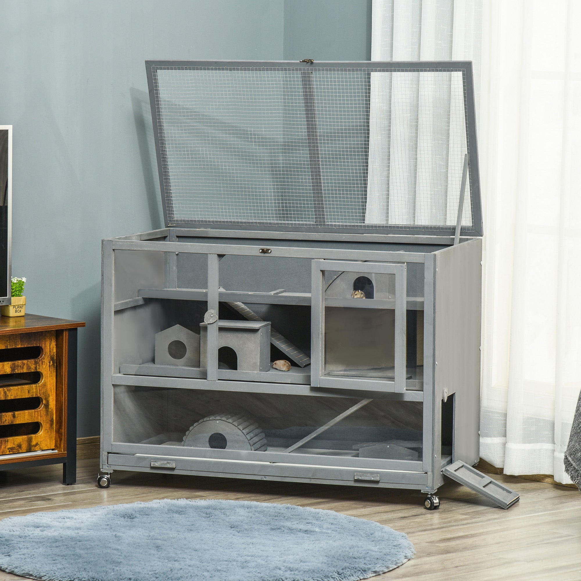 PawHut Wooden Large Hamster Cage with Seesaw and Wheels, Small Animal Cage and Habitat, 3-Tier Hamster Habitat with Ladder, Dark Grey