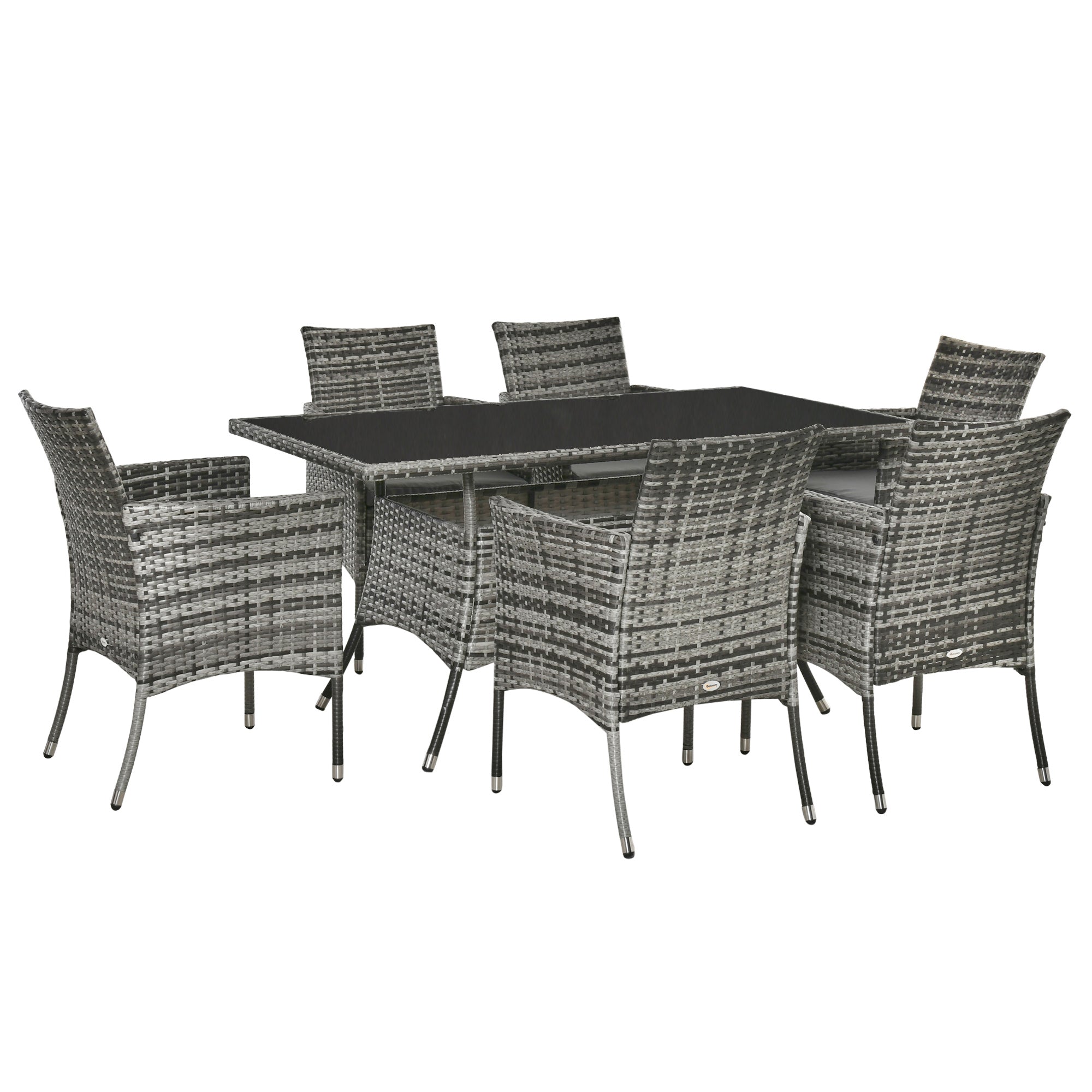 Outsunny 7 Pieces Patio Dining Set, Wicker Outdoor Furniture Set with Removable Cushions, Glass Top Dining Table, Rattan Patio Table and Chairs for Garden Poolside Backyard, Grey