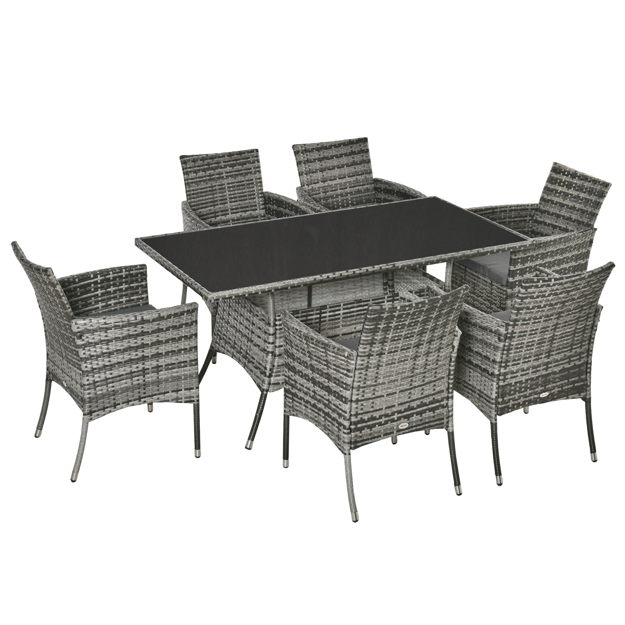 Outsunny 7 Pieces Patio Dining Set, Wicker Outdoor Furniture Set with Removable Cushions, Glass Top Dining Table, Rattan Patio Table and Chairs for Garden Poolside Backyard, Grey