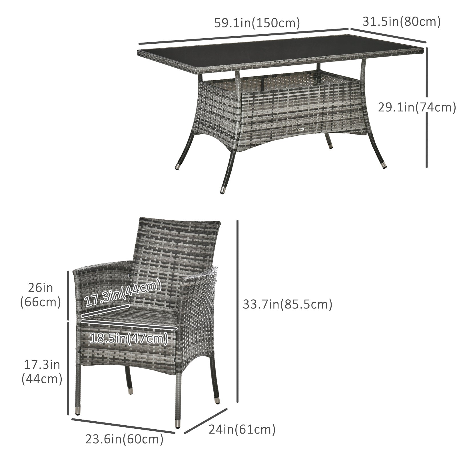 Outsunny 7 Pieces Patio Dining Set, Wicker Outdoor Furniture Set with Removable Cushions, Glass Top Dining Table, Rattan Patio Table and Chairs for Garden Poolside Backyard, Grey