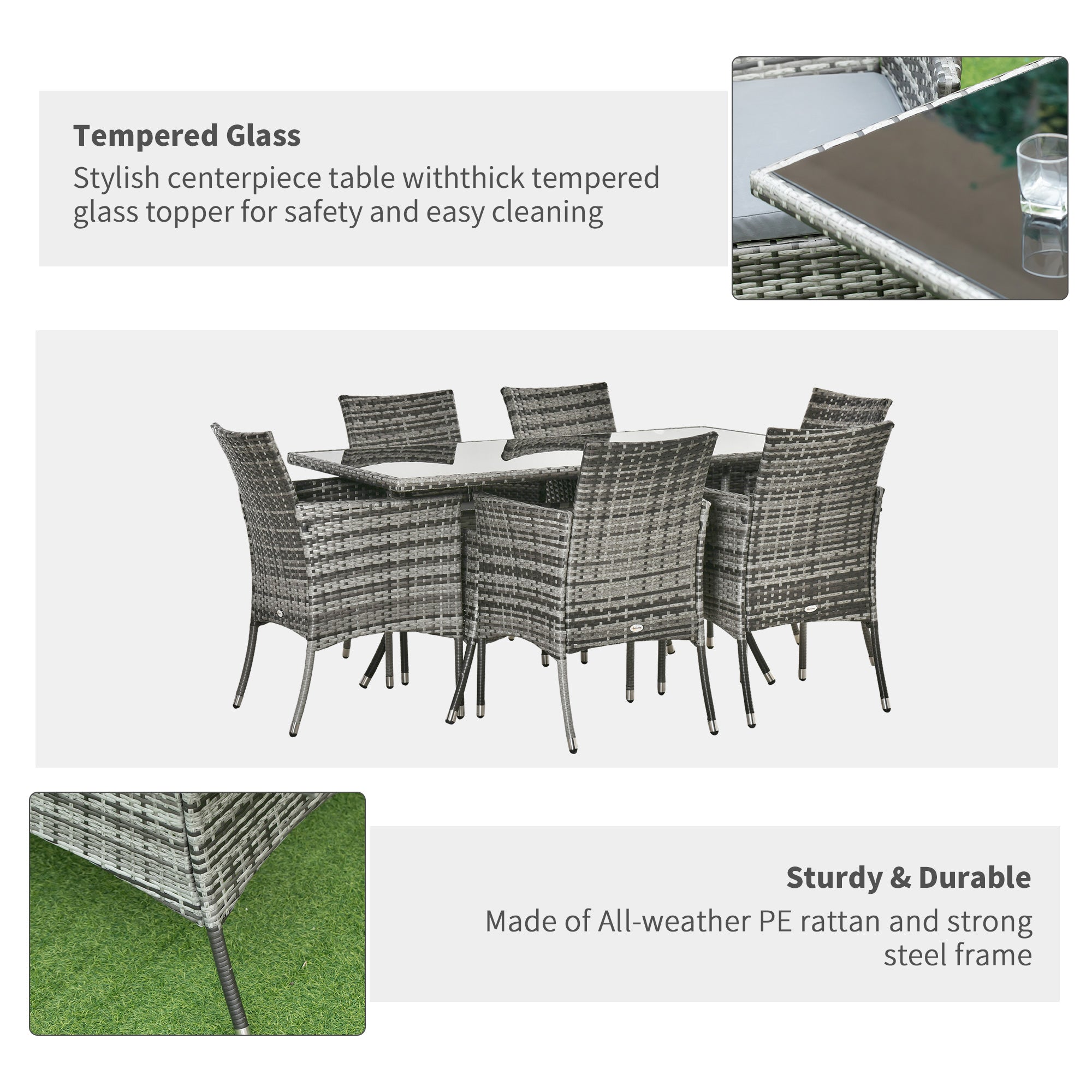 Outsunny 7 Pieces Patio Dining Set, Wicker Outdoor Furniture Set with Removable Cushions, Glass Top Dining Table, Rattan Patio Table and Chairs for Garden Poolside Backyard, Grey