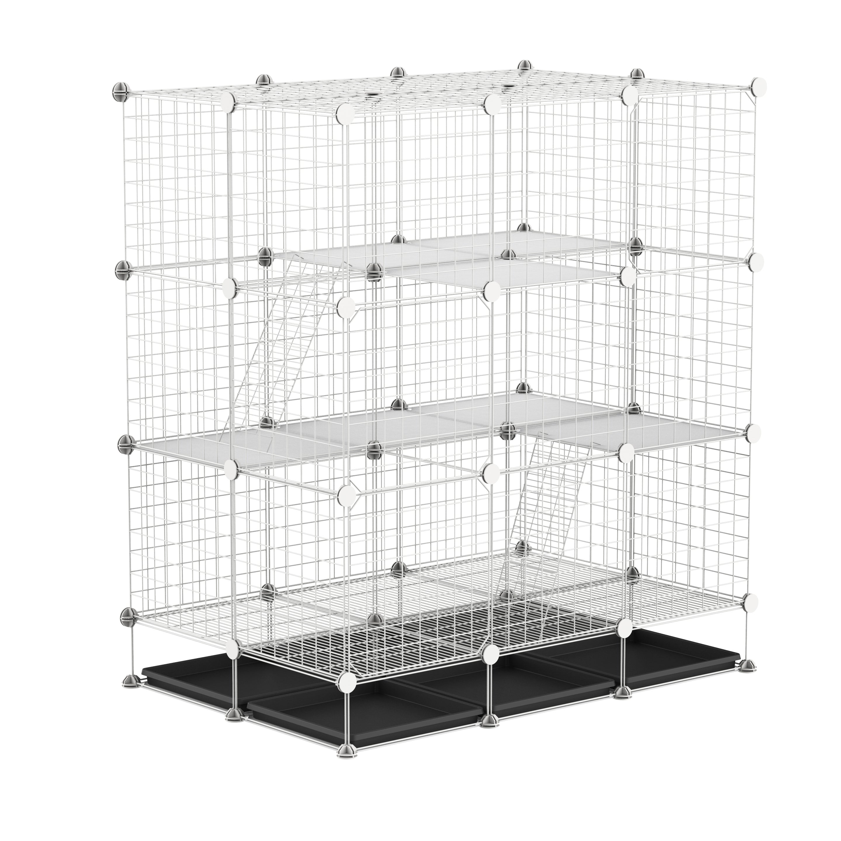 PawHut Small Animal Playpen C&C Cage Wire Bunny Pen for Kitten, Chinchillas, with Doors, Ramps and Trays, White