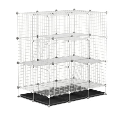PawHut Small Animal Playpen C&C Cage Wire Bunny Pen for Kitten, Chinchillas, with Doors, Ramps and Trays, White
