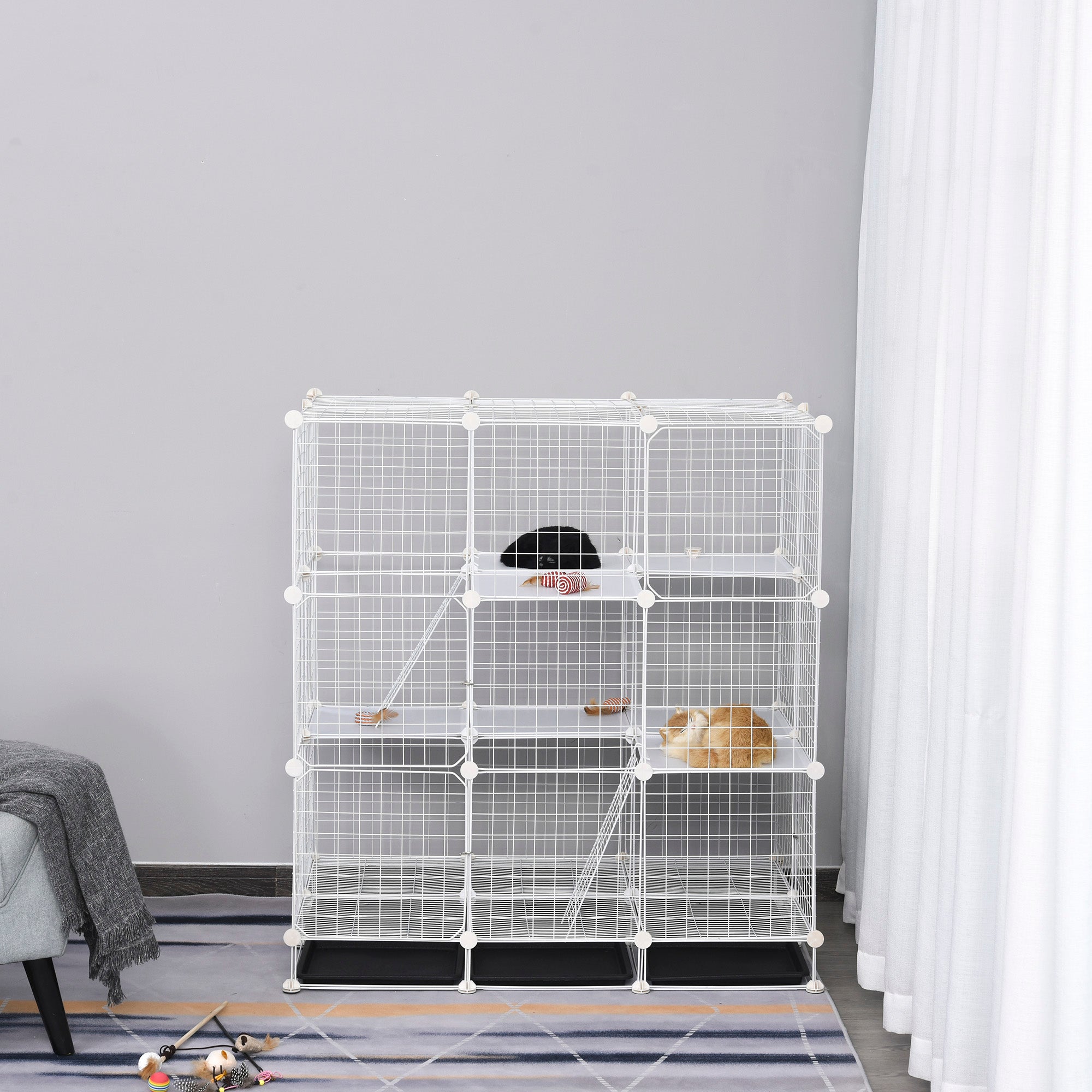 PawHut Small Animal Playpen C&C Cage Wire Bunny Pen for Kitten, Chinchillas, with Doors, Ramps and Trays, White