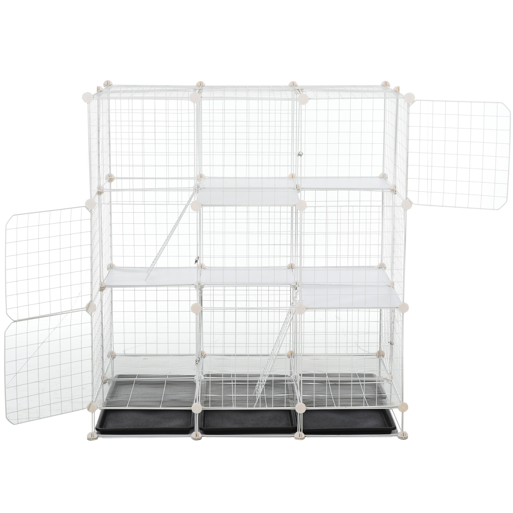 PawHut Small Animal Playpen C&C Cage Wire Bunny Pen for Kitten, Chinchillas, with Doors, Ramps and Trays, White
