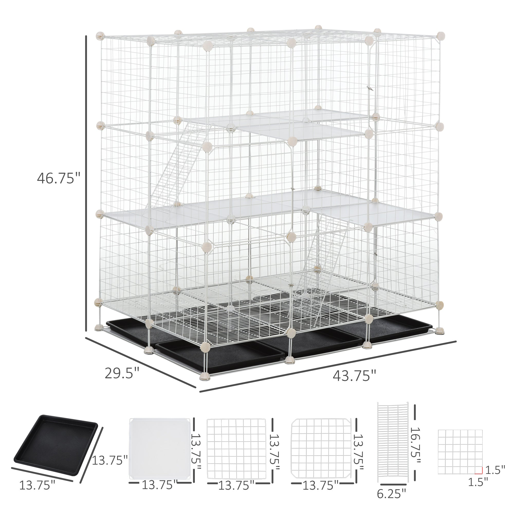 PawHut Small Animal Playpen C&C Cage Wire Bunny Pen for Kitten, Chinchillas, with Doors, Ramps and Trays, White