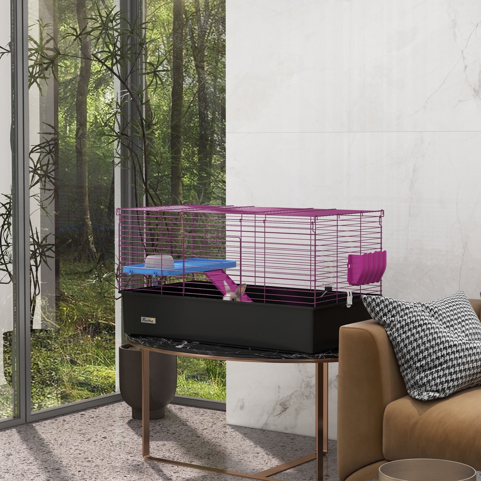PawHut Guinea Pig Cage Chinchillas Rabbit Small Animal Cage with Ramp, Dish, Water Bottle, 99 x 52 x 53cm, Black